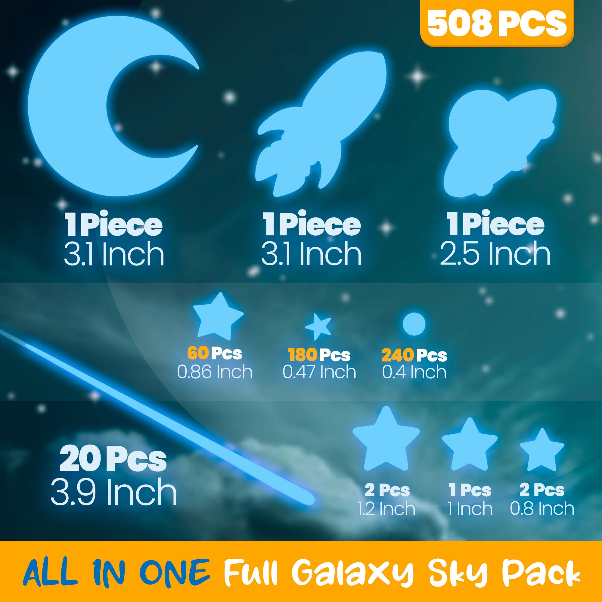 Glow in The Dark Stars for Ceiling  Outer Space Blue Wall Stickers Galaxy Universe Wall Decal Shooting Stars Rockets 508 Pcs for Kids Boys Girls Bedroom Nursery Playroom Room Decoration