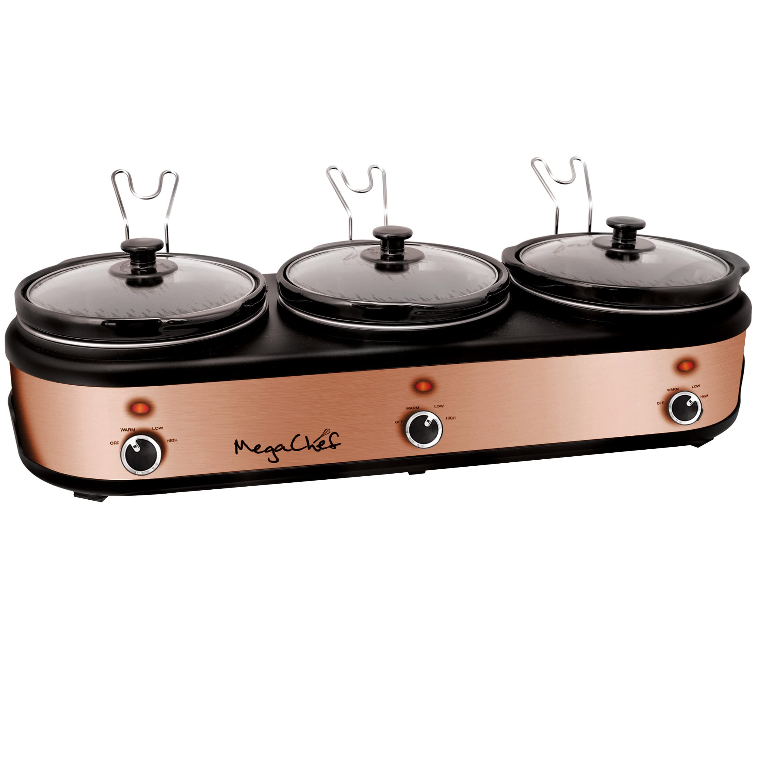 Megachef Triple 2.5 Quart Slow Cooker And Buffet Server In Brushed Copper And Black Finish With 3 Ceramic Cooking Pots And Remov
