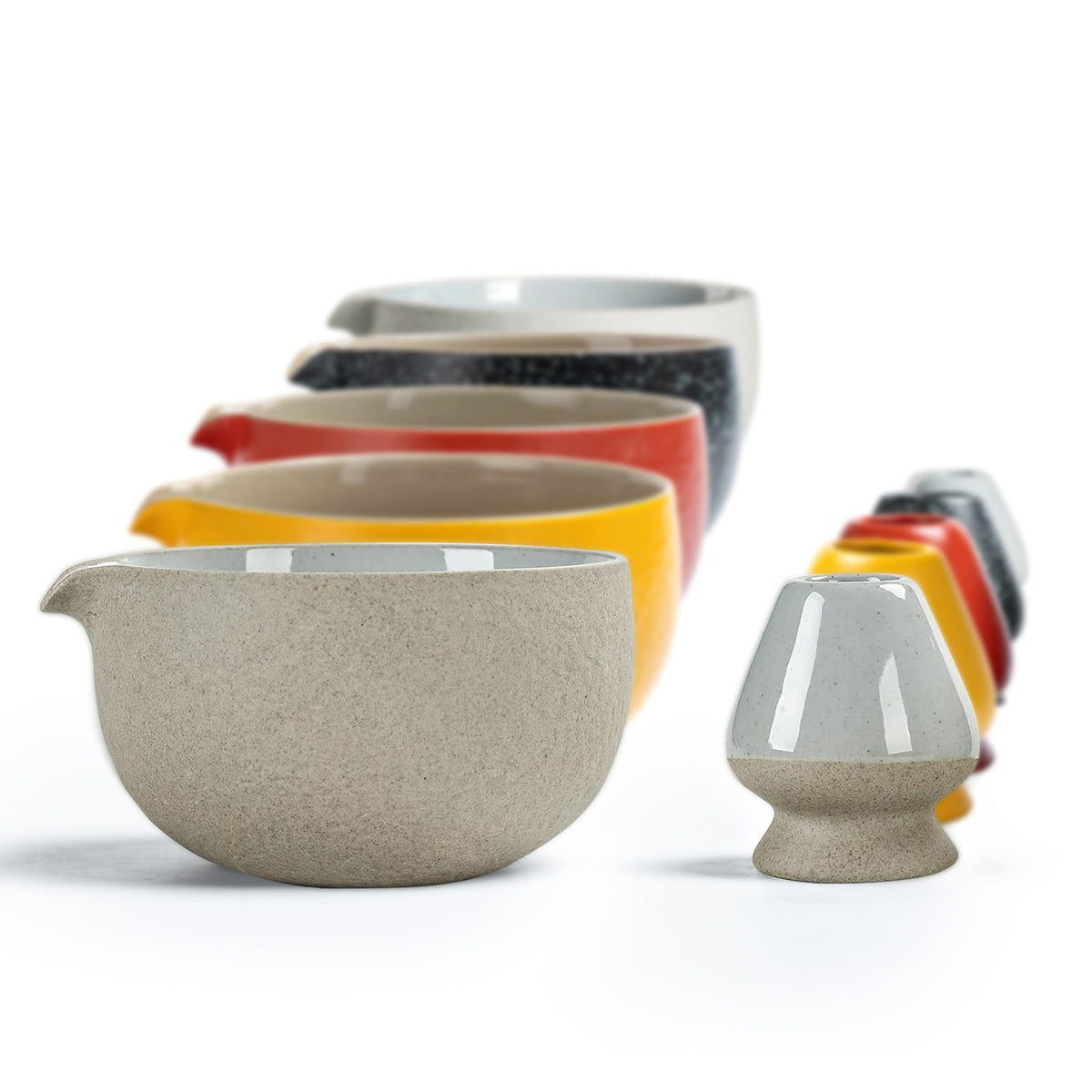 Teanagoo Japanese Natural Rock Texture Matcha Bowl (Pouring Spout) With Whisk Holder, 18 Oz, K12, Dk.Grey, Chawan Matcha Tea Bow
