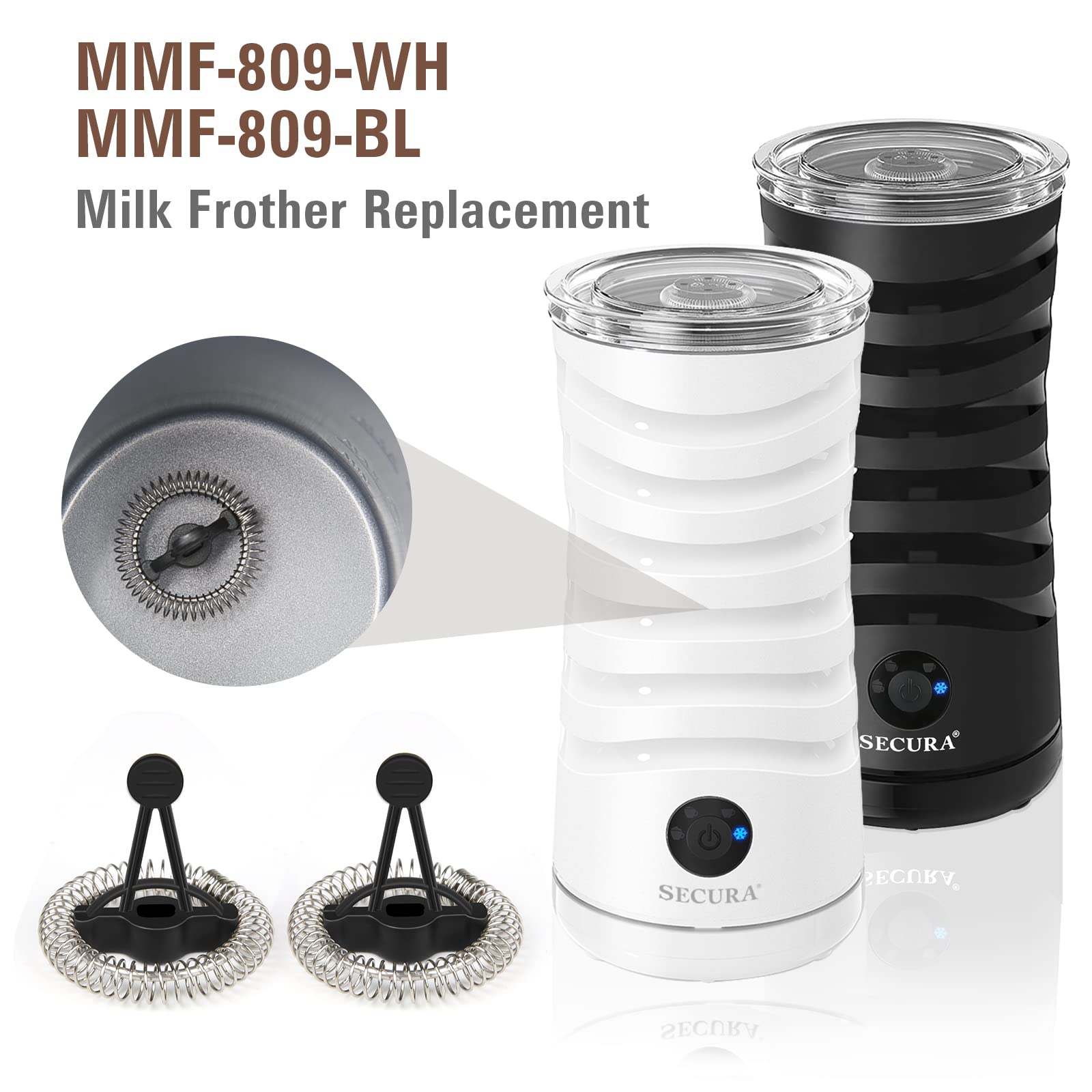 Secura Housewares 2 Replacement Whisks For 4-In-1 Electric Milk Frother Automatic Milk Steamer Mmf-809-Wh, Mmf-809-Bl Black 1.5