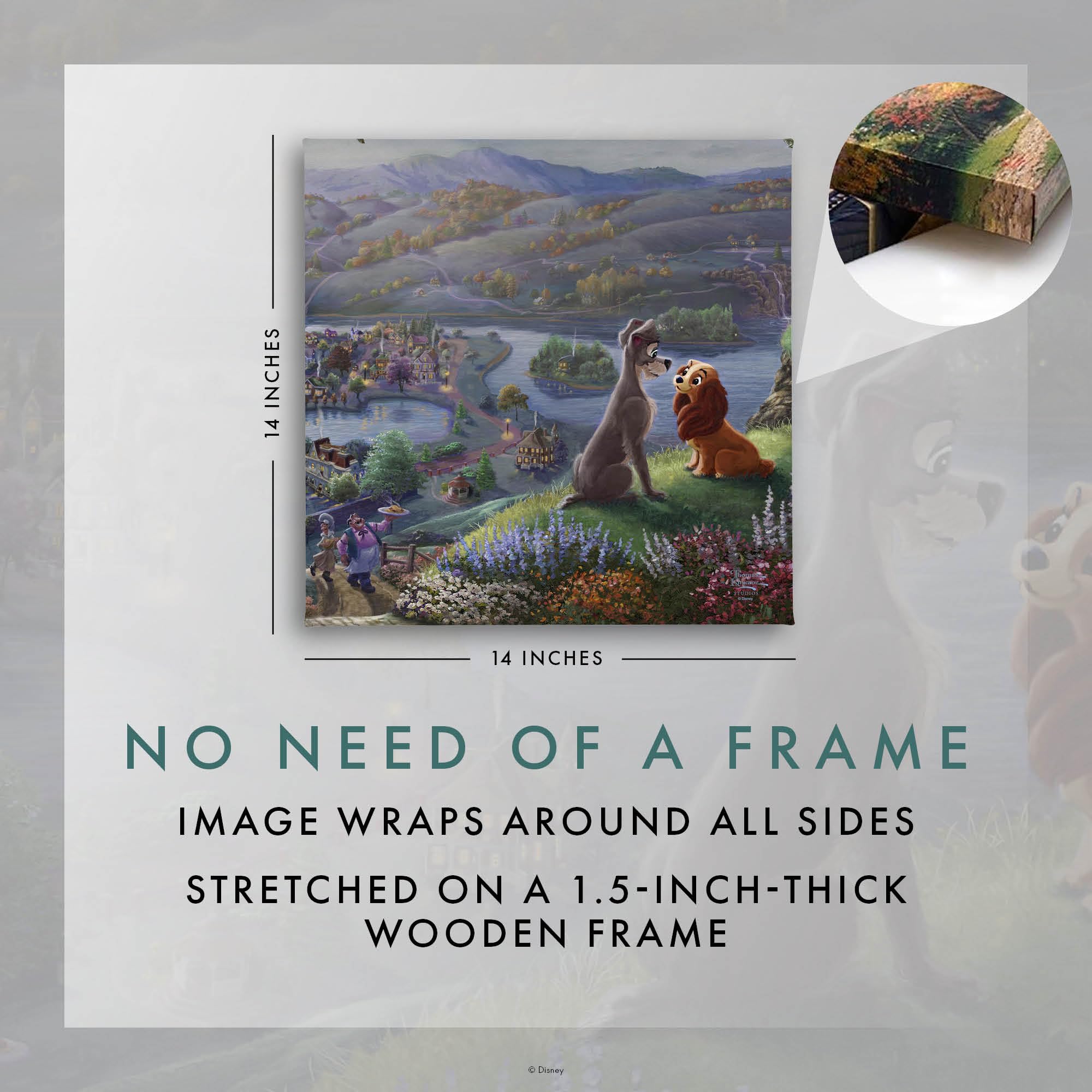 Thomas Kinkade Disney Lady And The Tramp Falling In Love 14'' X 14'' Gallery Wrapped Canvas | Frameless Room Wall Art | Certific