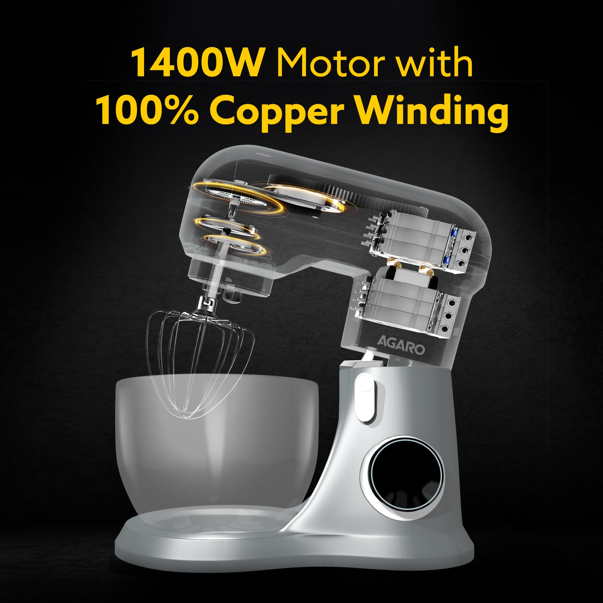 AGARO Elegant Stand Mixer, 1400W with 5.5L SS Bowl, 10 Speed Settings, Pulse Function, 100% Copper Motor, Includes Whisker, Beat