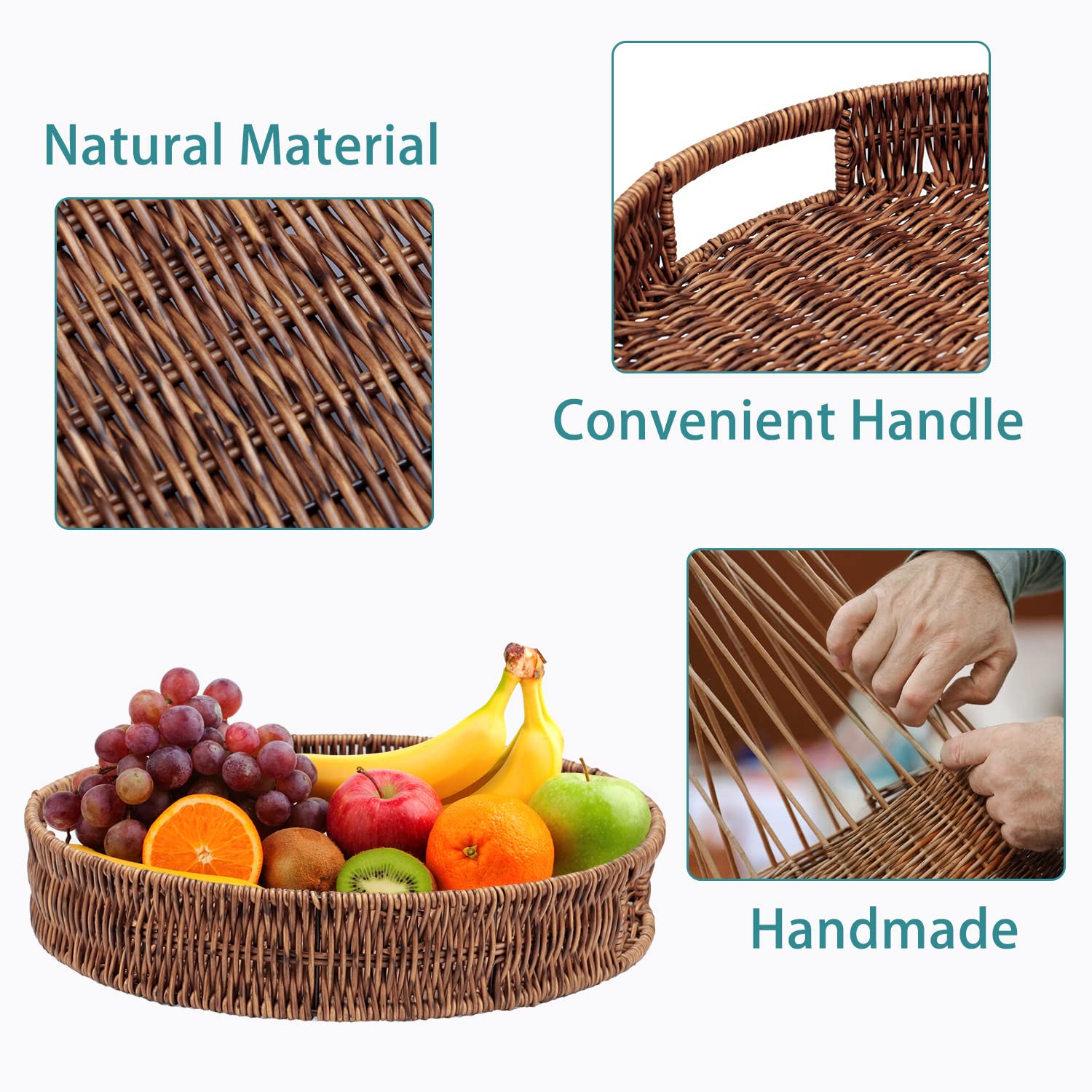 Sedison Set Of 2 Rattan Tray Round Rattan Basket With Handles For Home, Kitchen, Bathroom, Coffee Table Tray (12.6In + 13.8In)