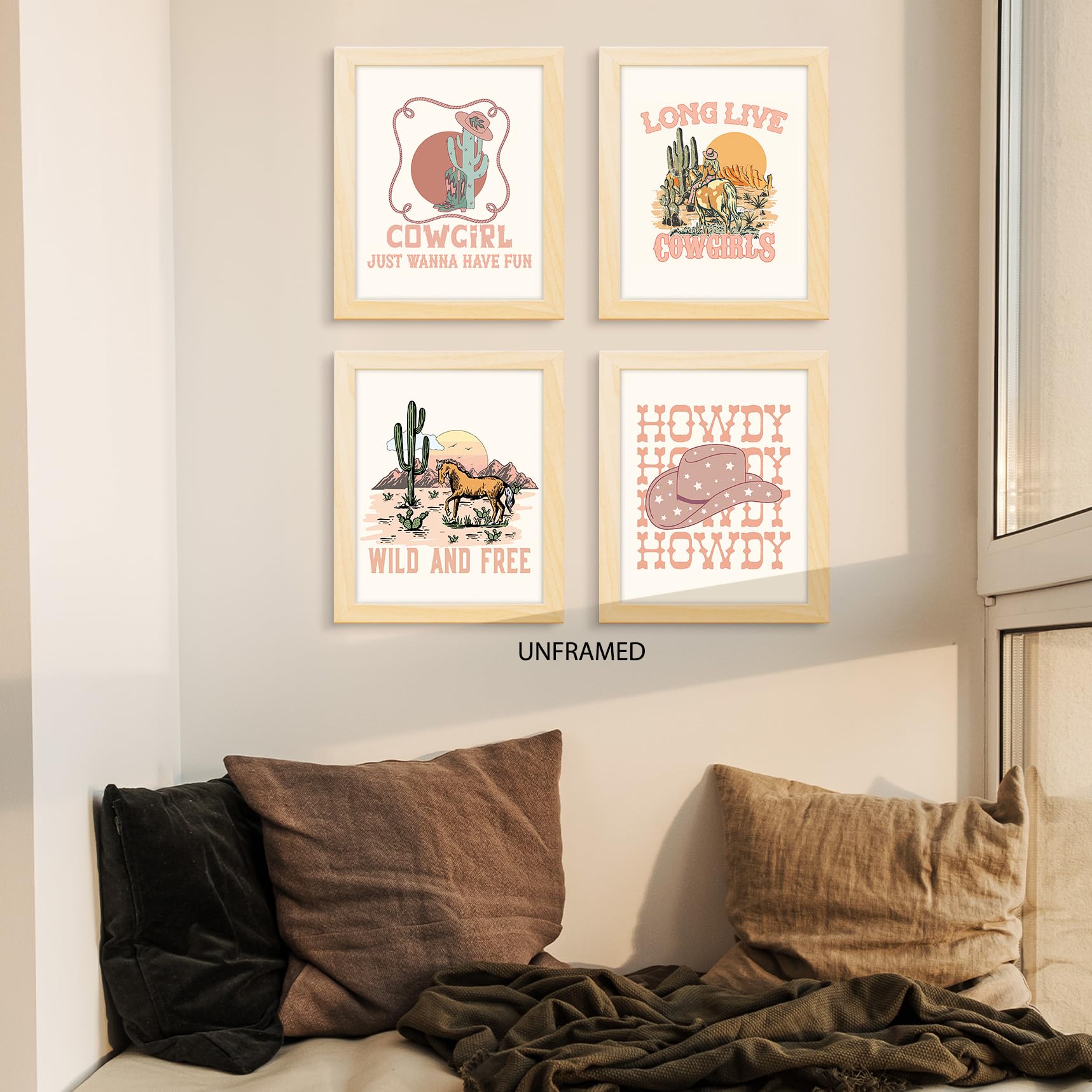 PUHEI Retro Western Howdy Cowgirl Wall Art Prints Set of 4 Western Nursery Decor Girl  Western Room Decor For Teen Girls  Cowgirl Nursery Decor (Unframed)  Western Boho Bedroom Decor  8 x 10 In