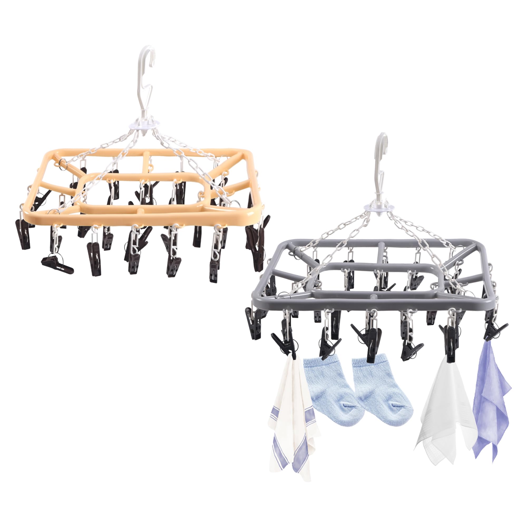 Kuber Industries 2 Pcs Flying 32 Clips Hangers For Drying Clothes | 360 Rotating Baby Cloth Hanger For Balcony & Home | Square C