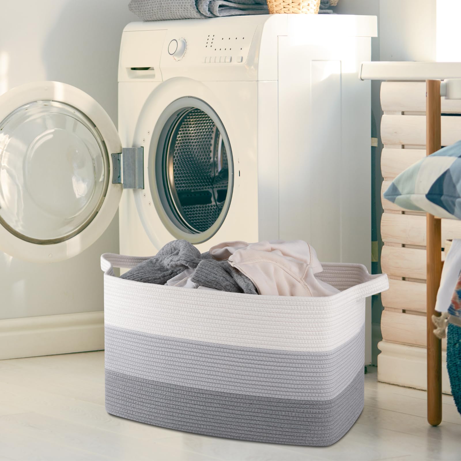 Oiahomy Extra Large Blanket Basket, 90L Cotton Rope Woven Laundry Basket, Toy Basket For Baby Room, Basket For Blanket Storage I