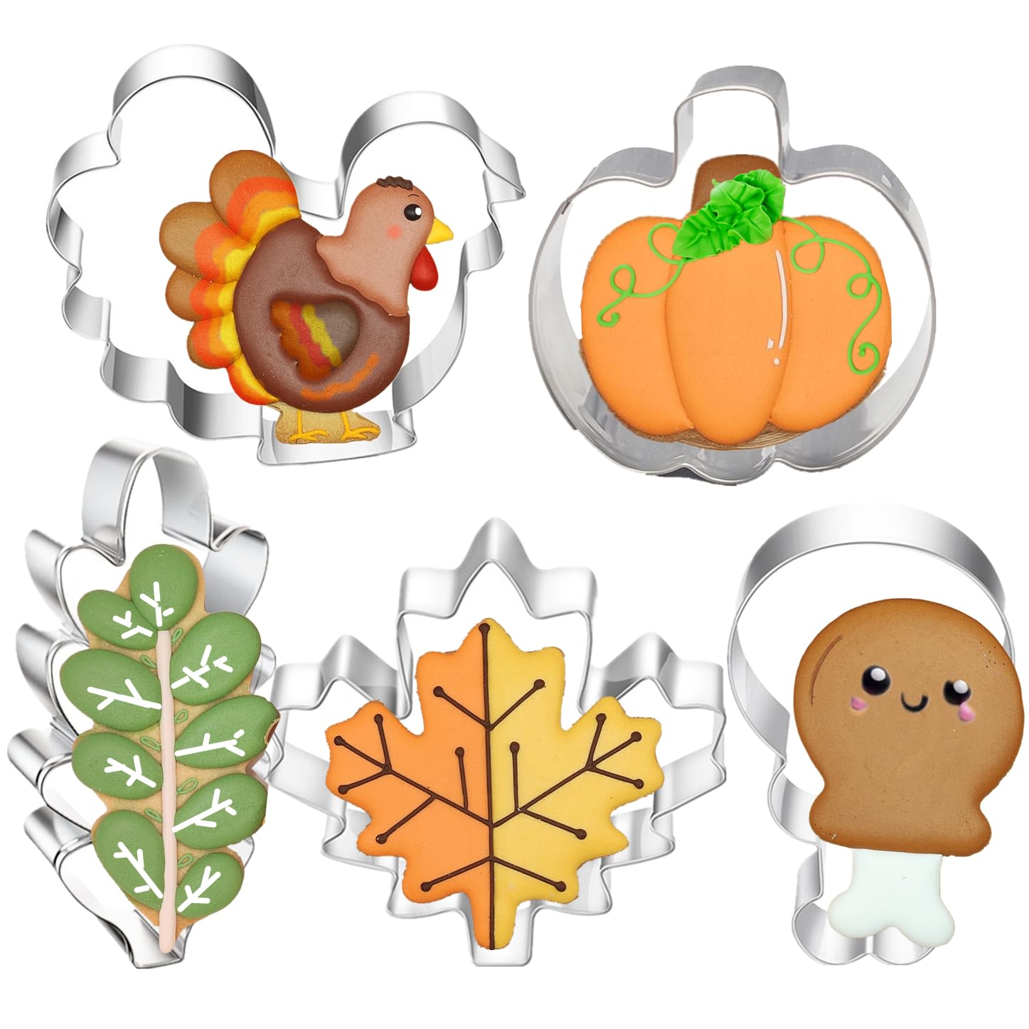 5 Piece Large Fall Thanksgiving Cookie Cutter, Holiday Cookie Cutters With Recipe Instruction Shapes Of Maple Leaf, Turkey, Chic