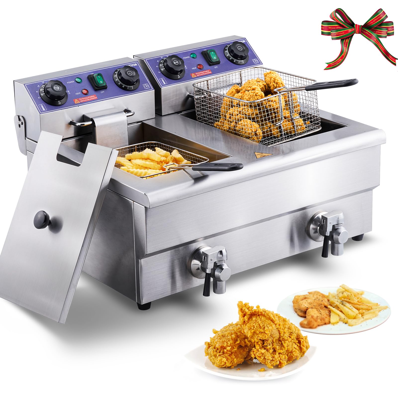 Vevor Commercial Electric Deep Fryer, 24L 3000W W/Dual Removable Basket, Stainless Steel Electric Countertop Fryer W/Time Contro