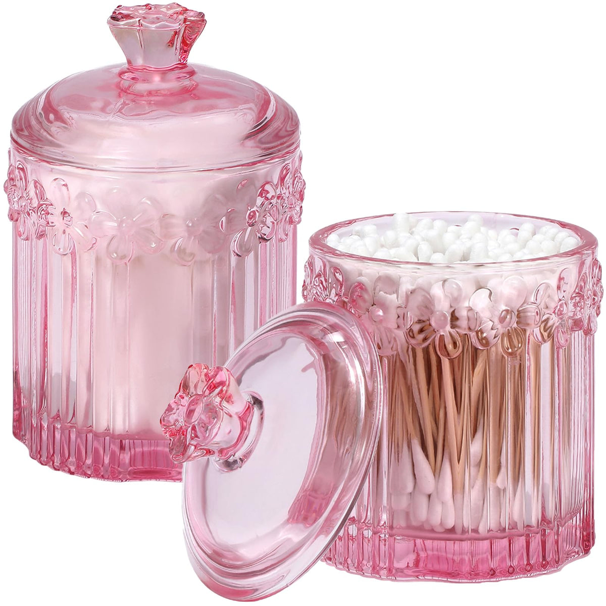 Rejomiik 2 Pack Qtip Holder Glass Apothecary Jars With Lids Set Bathroom Canisters Dispenser Organizers And Storage For Cotton B