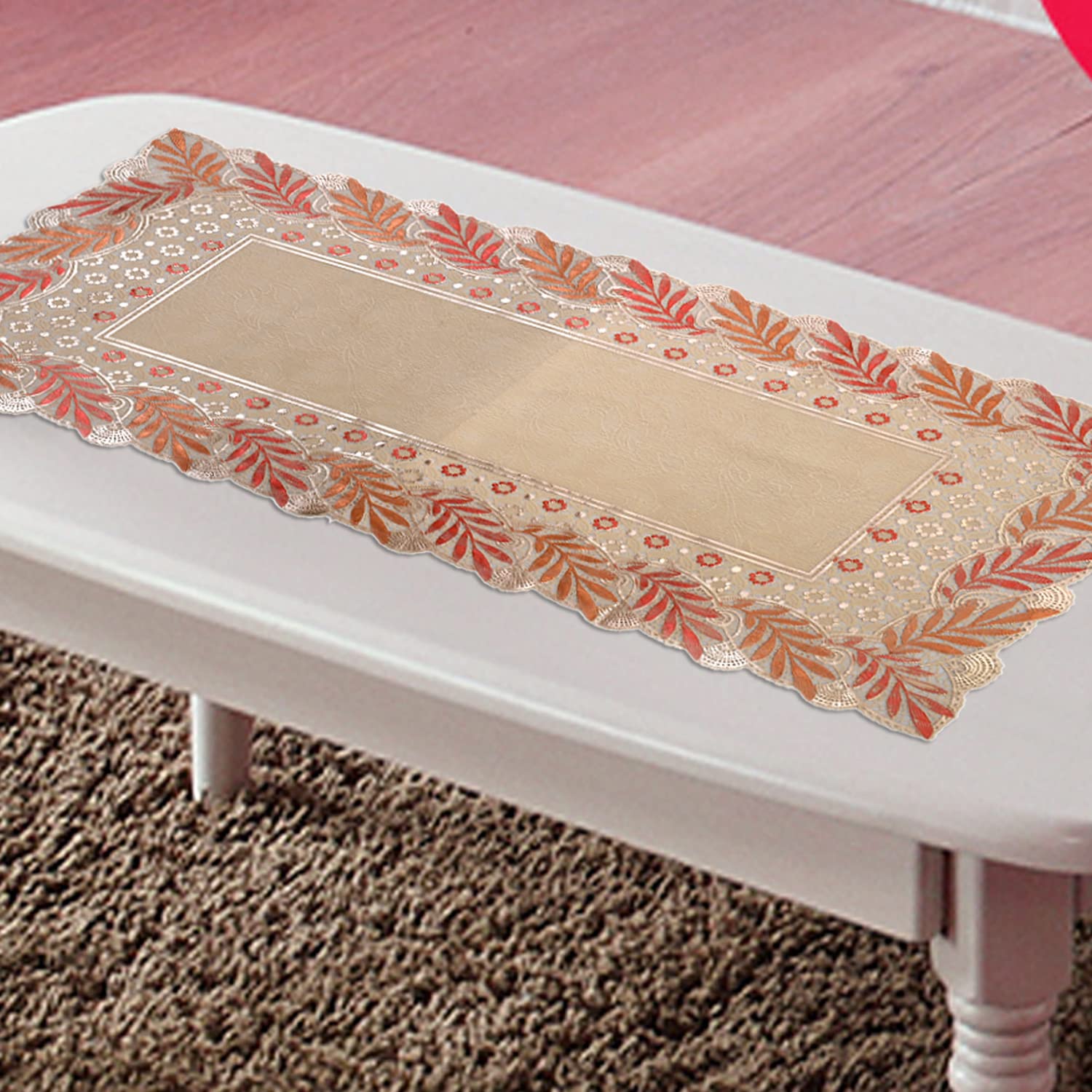 Kuber Industries Medium Microfibre Leaf Design Virgin Viny Soft Fabric Dining Table Runner 34x17 or 84 x 42 cm (Cream)  CTKTC