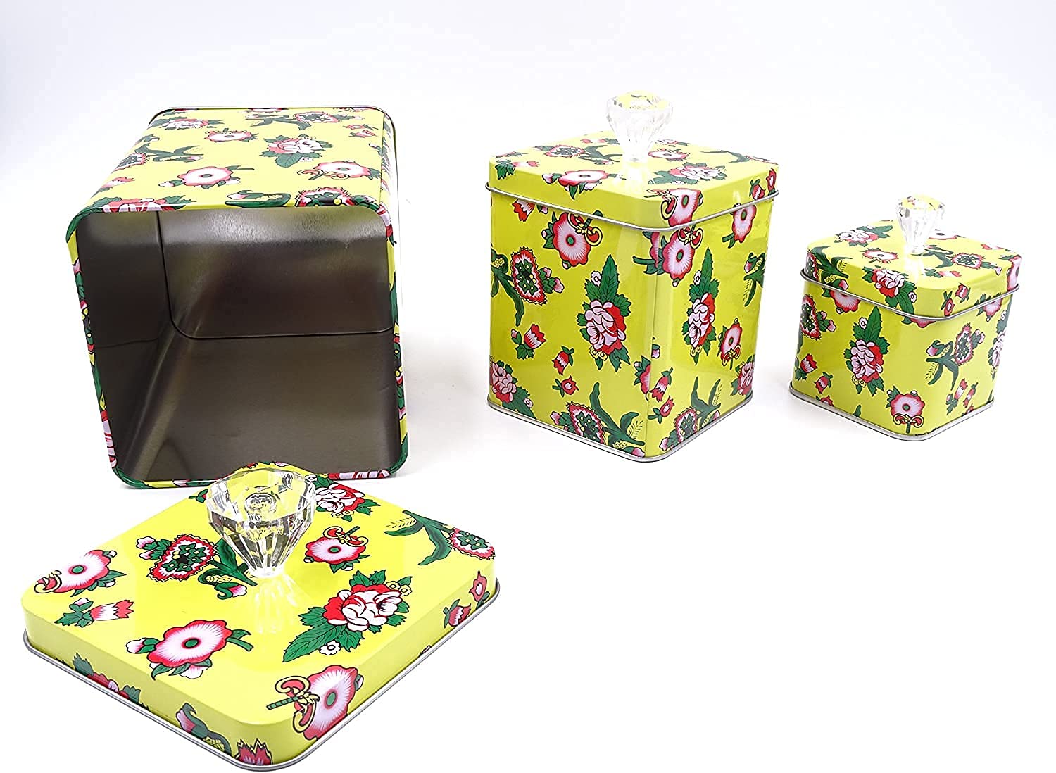 Hadaaya Square Tin Can Empty Cube Steel Box Storage Container With Crystal Knob For Powder Treats, Gifts, Favors, Loose Tea, Cof