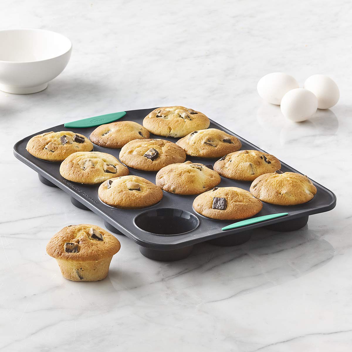 Trudeau Structured Silicone Muffin Pan, 12 Cup, Grey/Mint