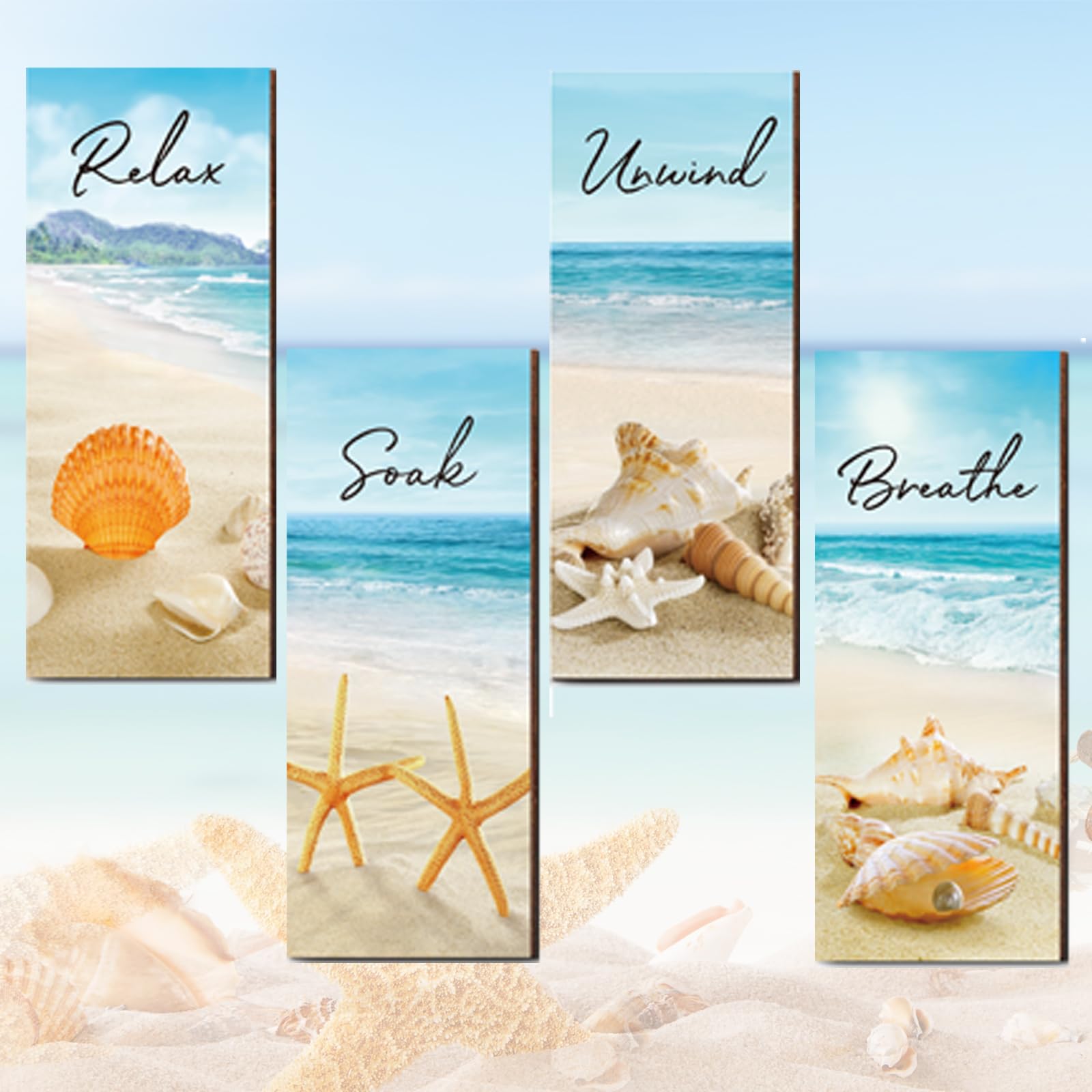 4 Pieces Beach Bathroom Decor Ocean Beach Wall Decors Relax Soak Unwind Breathe Blue Wall Art Hanging Sign Seashell Starfish Woo