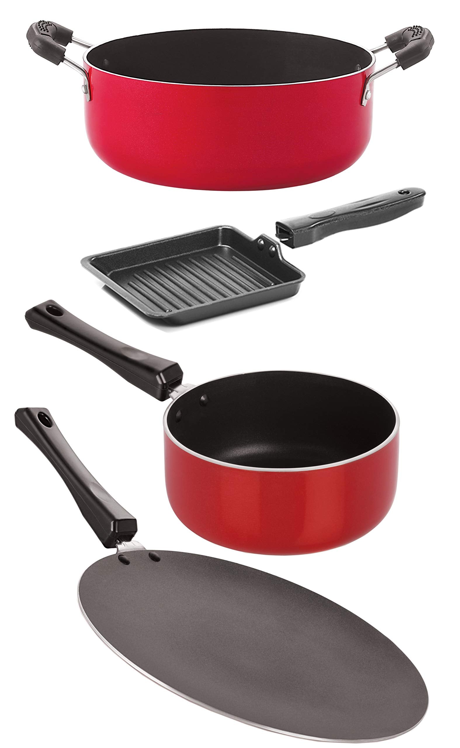 Nirlon Nonstick Aluminium Odor Free Chemical Free Kitchenware Combo Gift 4 Pieces Set (1 Concave Tawa 27.5Cm /1 Sauce Pan (B)1.8