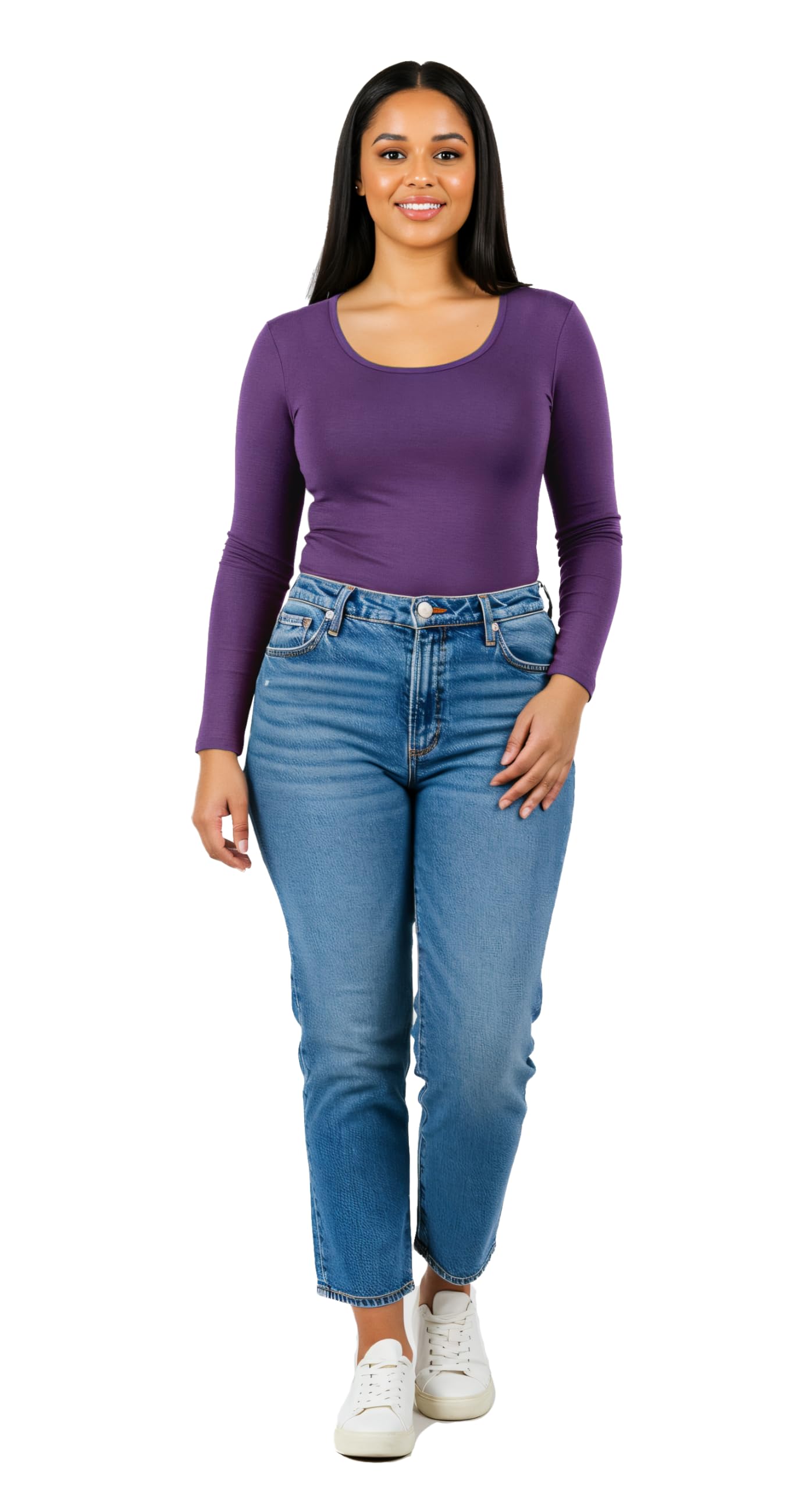 Emmalise Womens Junior And Plus Size Basic Scoop Neck Tshirt Long Sleeve Tee, Large, Violet