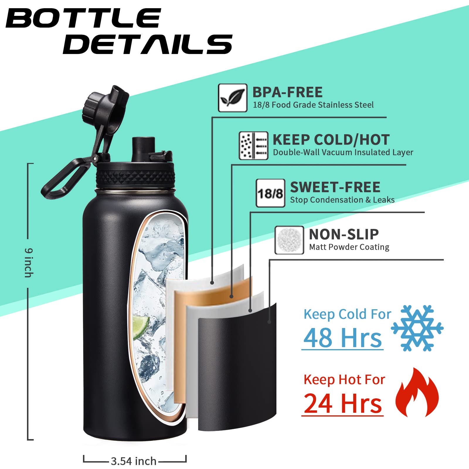 32-40-64OZ Stainless Steel Water Bottle - Black Water Bottle with Straw & Spout Lid  Paracord Handle & Bottle Sleeve  Insulated Vacuum Water Flask Double-Wall Metal Thermo Cup Canteen for Gym School