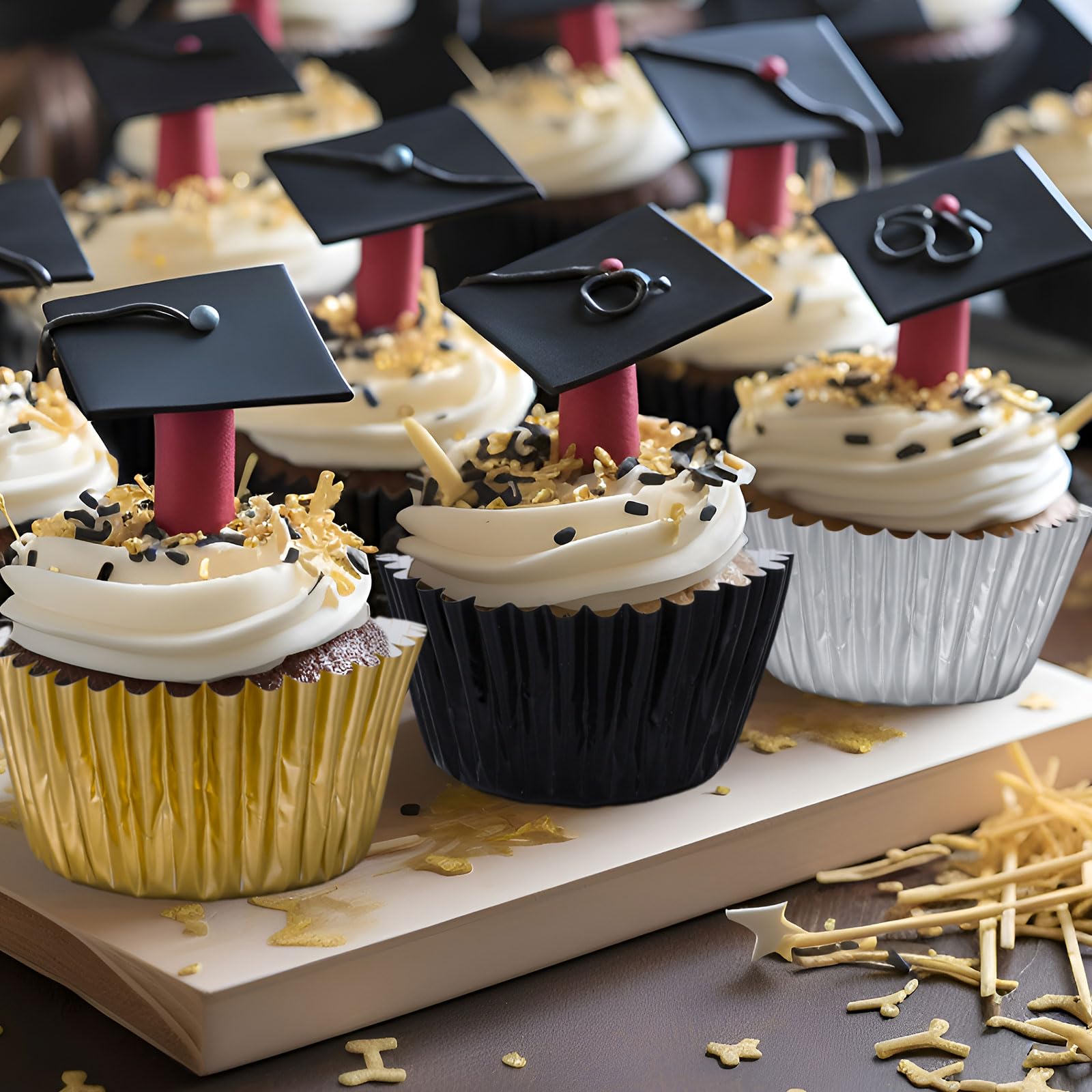 Whaline 150Pcs Graduation Cupcake Liners Congrats Grad Foil Baking Cups Black Silver Gold Foil Metallic Cupcake Wrappers For Col