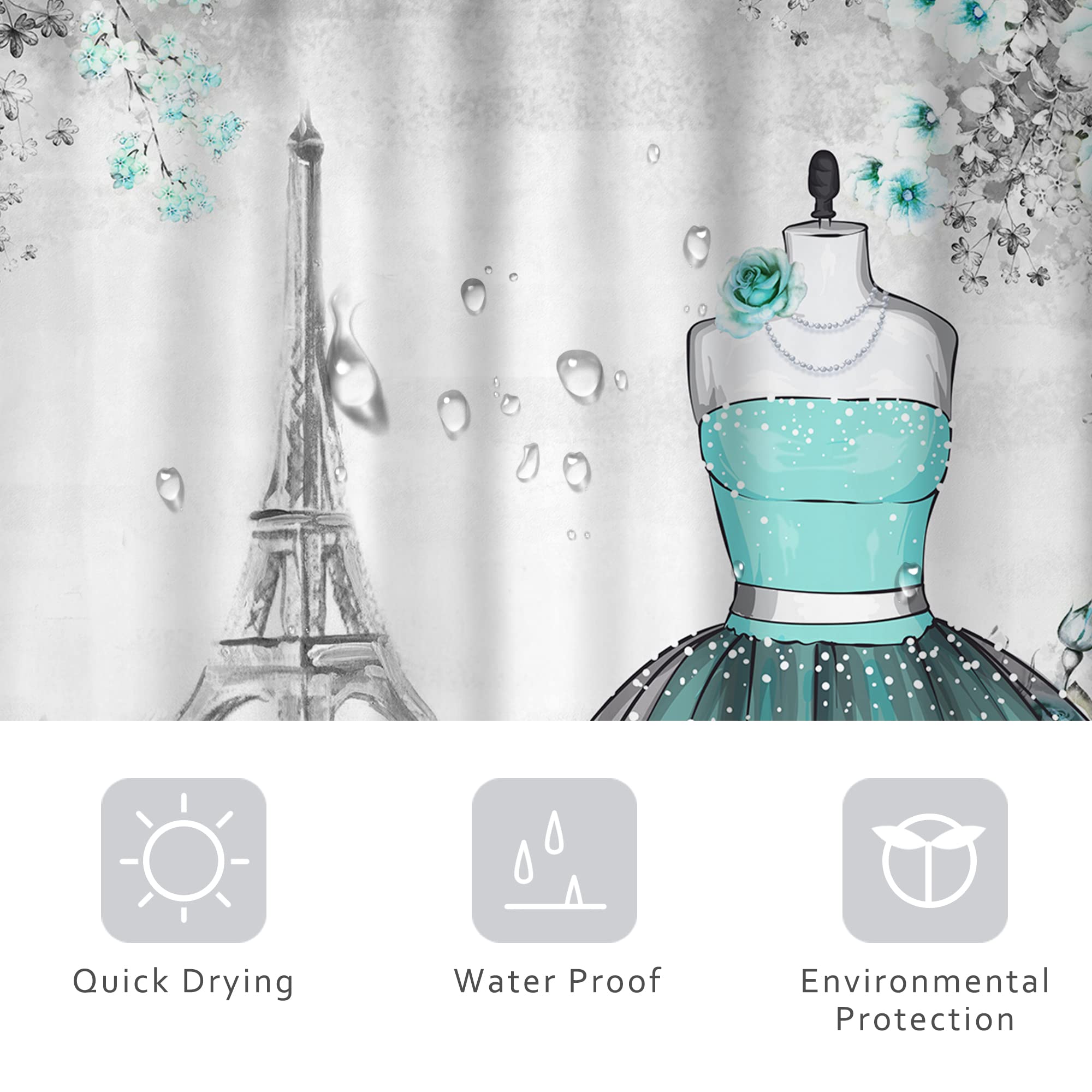 Riyidecor Fashion Girly Dresses Shower Curtain 60Wx72H Inch Teal Blue Turquoise Floral Girl Women Eiffel Tower Perfume High Heels Bathroom Decor Set Fabric Polyester Waterproof 12 Pack Plastic Hooks
