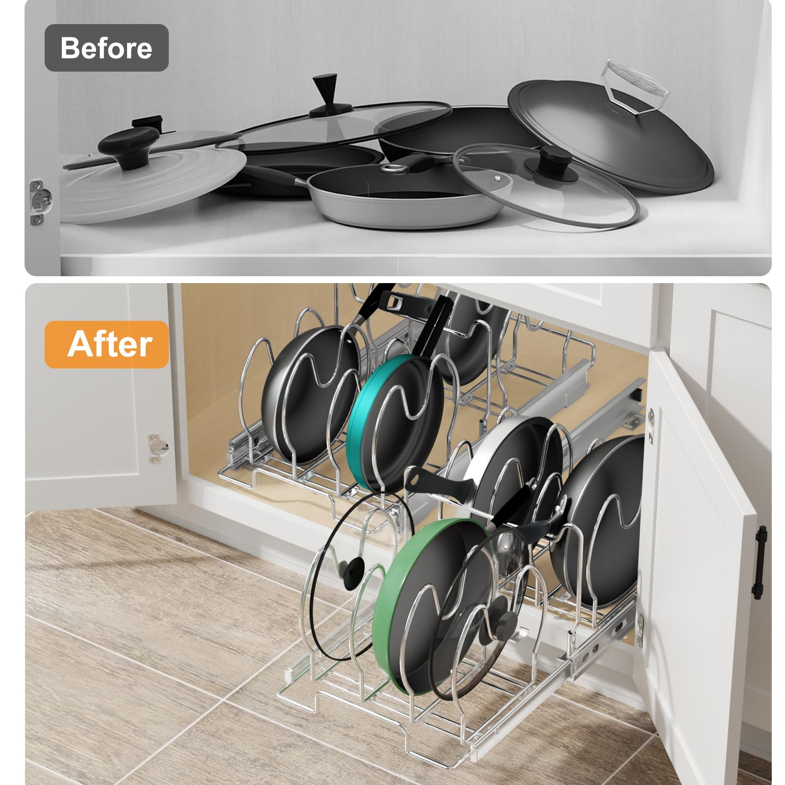 Pull Out Pots And Pans Organizer For Cabinet, Adjustable Slide Out Pan And Pot Lid Rack Holder Under Cabinet Kitchen Organizatio