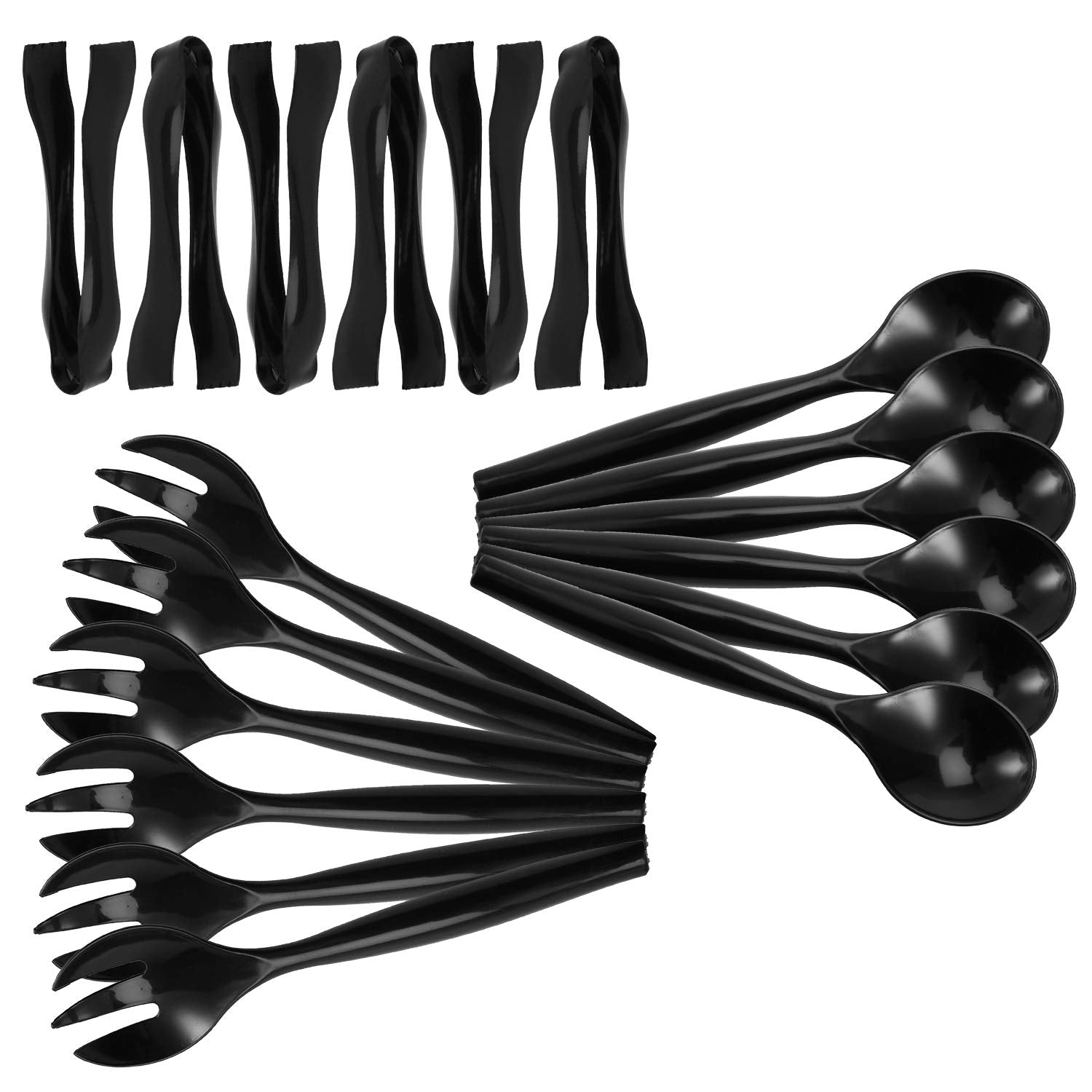 Plastic Serving Utensils, Black Heavy Duty Disposable utensil, 24 Pack, 8-10    Spoons and Forks, 8-6-1/2    Tongs