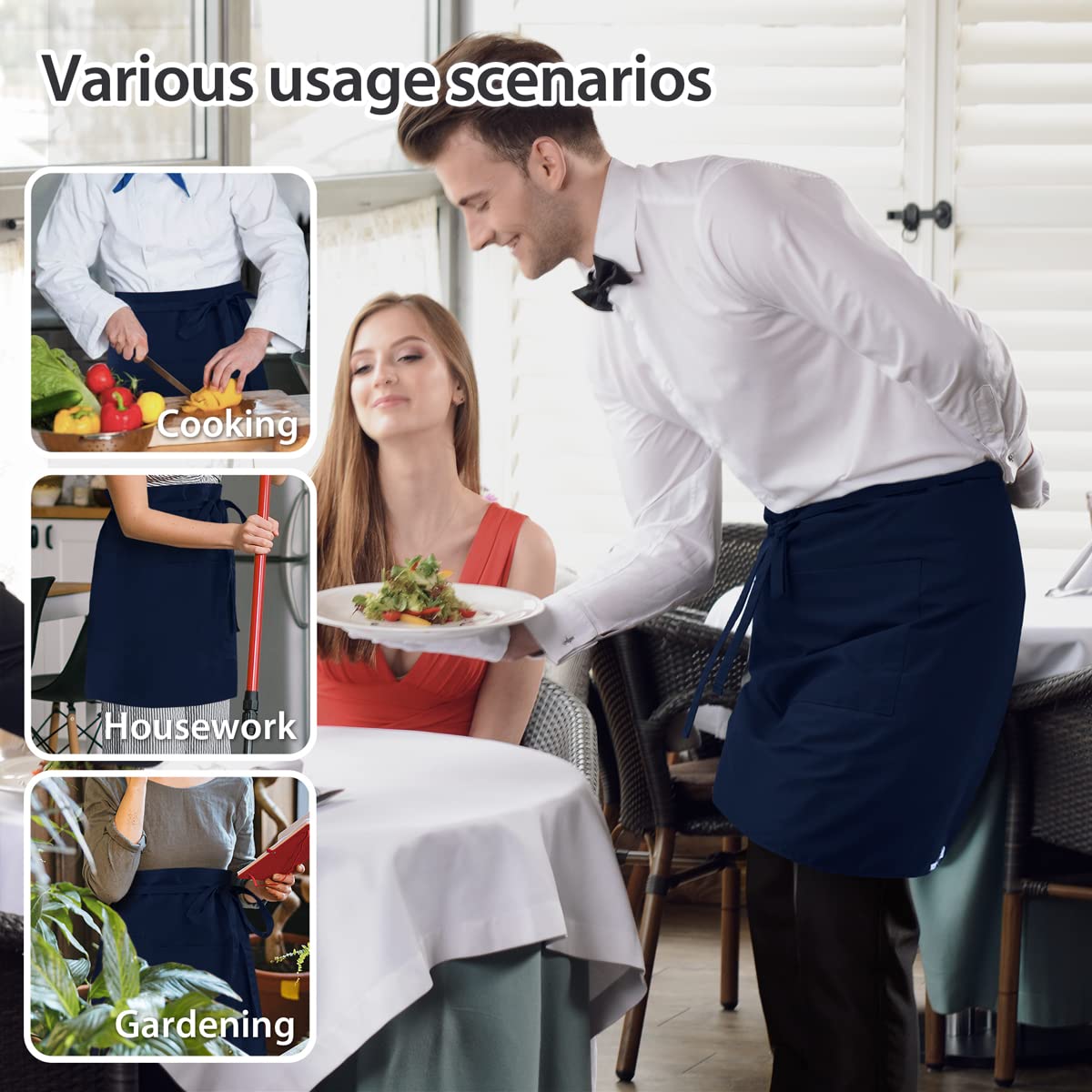 Rotanet Server Apron With 3 Pockets 22 Inch Long Waiter Waitress Bistro Half Waist Aprons For Women Men Waterproof Navy Blue