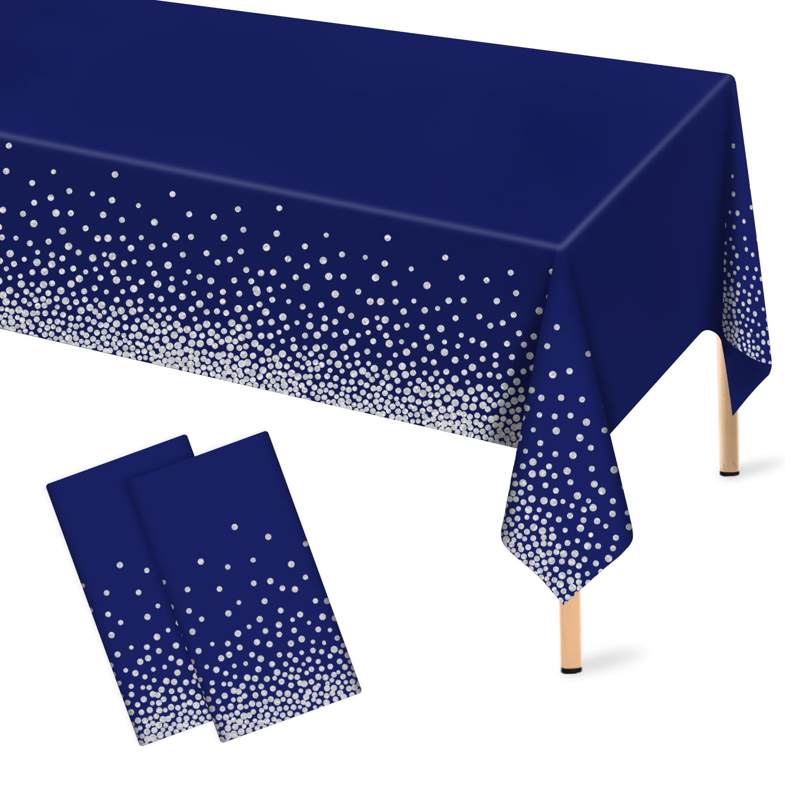 Mulbozy 2 Pcs Navy Blue Plastic Tablecloth Silver Dot Blue Table Cloths, 54  108 inches Disposable DarkBlue Table Cover for Anni