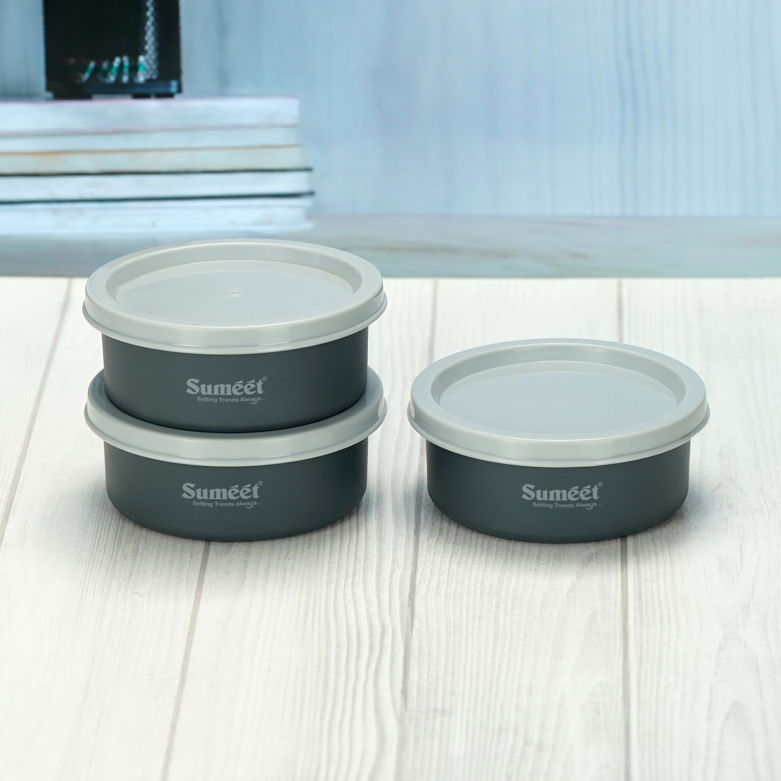 Sumeet Microwave Safe Stainless Steel Air Tight & Leak Proof Lunch Boxes Storage Containers With Lids For Kitchen Office School  240Ml  Set Of 3  Grey