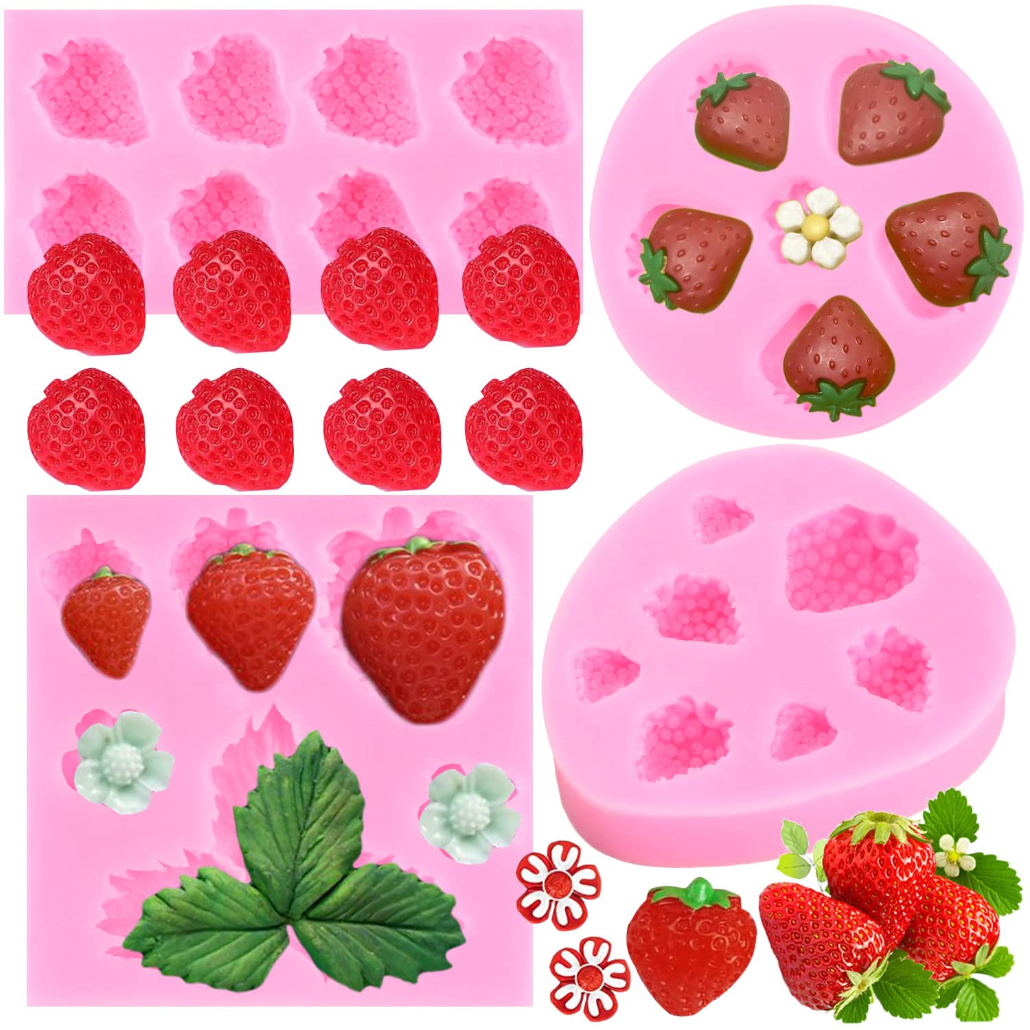 Miyahouse Strawberry Fruit Fondant Mold Strawberry Flowers Leaves Silicone Molds For Cake Decoration Cupcake Topper Candy Chocol