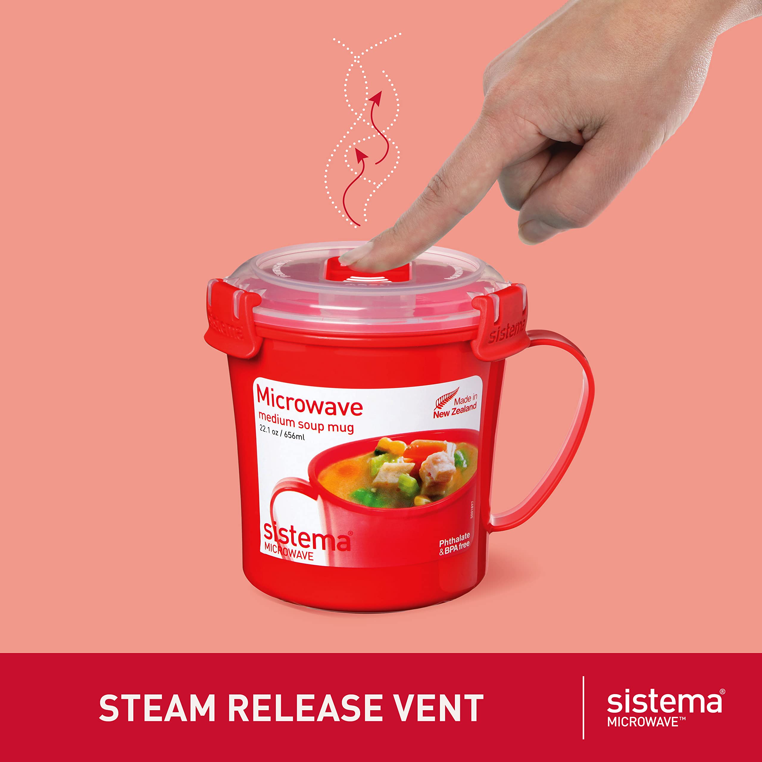 Sistema Microwave Soup Mug - Red, Plastic, 1 Count, Model 1107 with Lid & Steam Release Vent