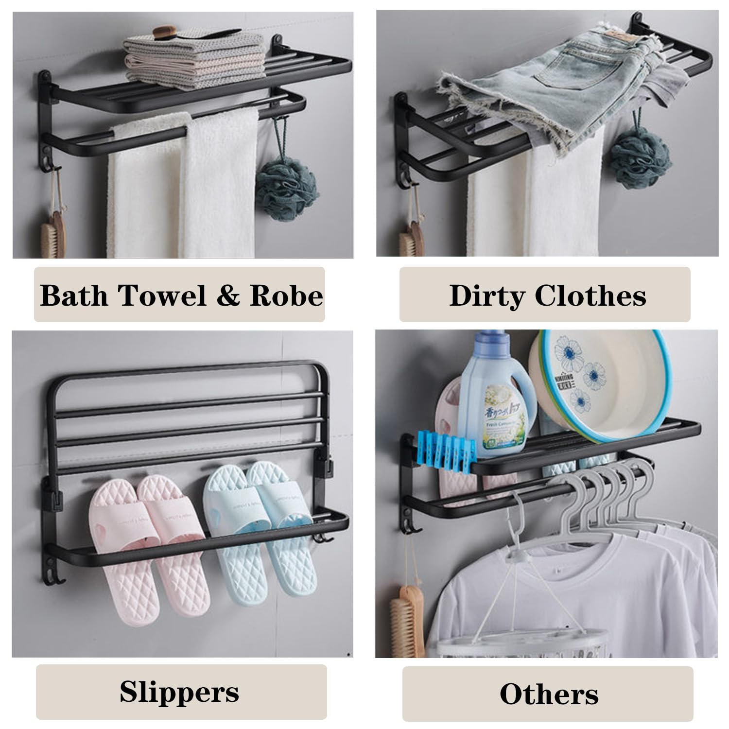 Vanloory Towel Rack For Bathroom, Bath Towel Holder With Double Towel Bar And Foldable Towel Shelf, Rustproof Towel Organizer Wa