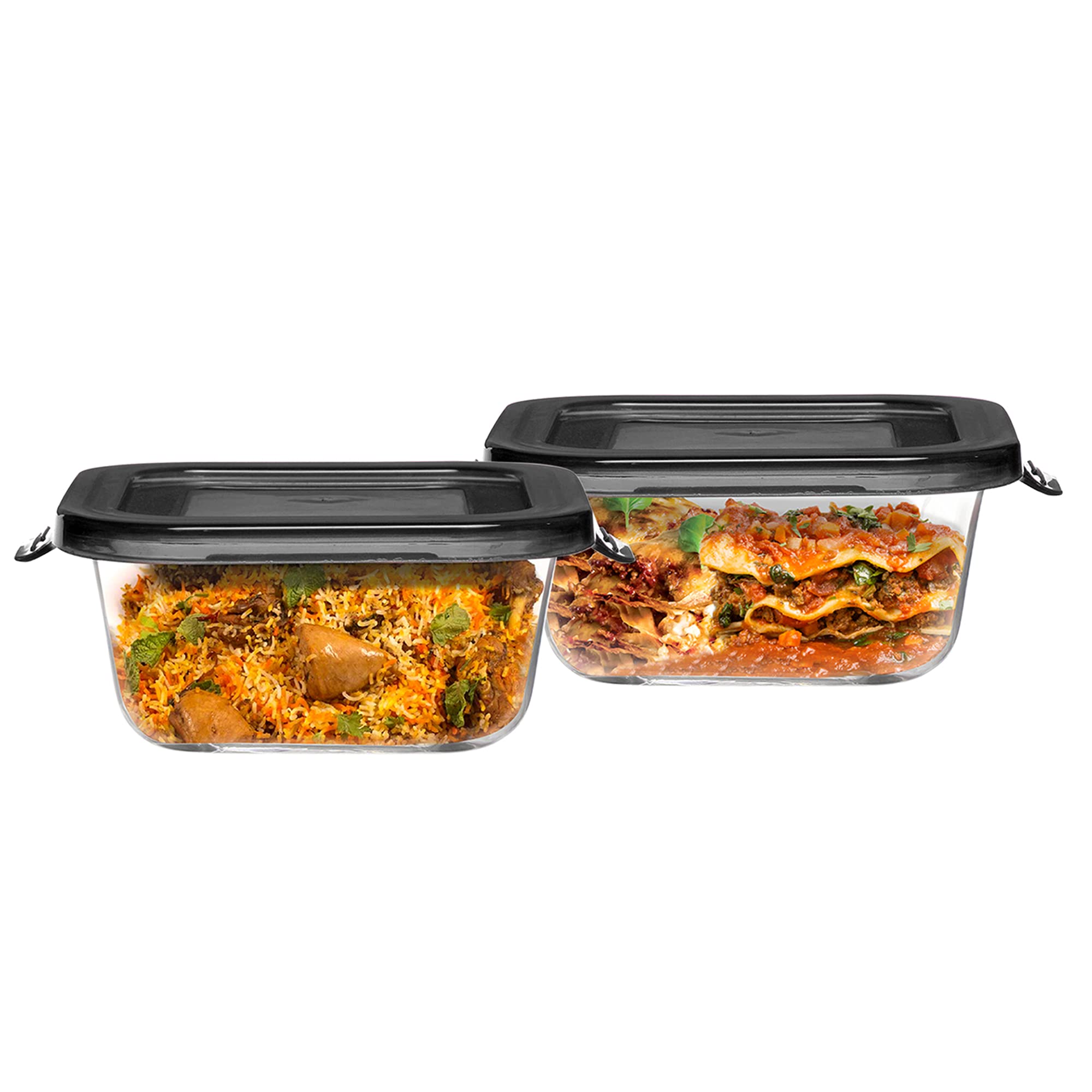 Cutting Edge Flexi Lid Borosilicate Square Store, Safe Storage & Lunch Glass Container For Kitchen (Set Of 2, 350Ml, Black Lid)