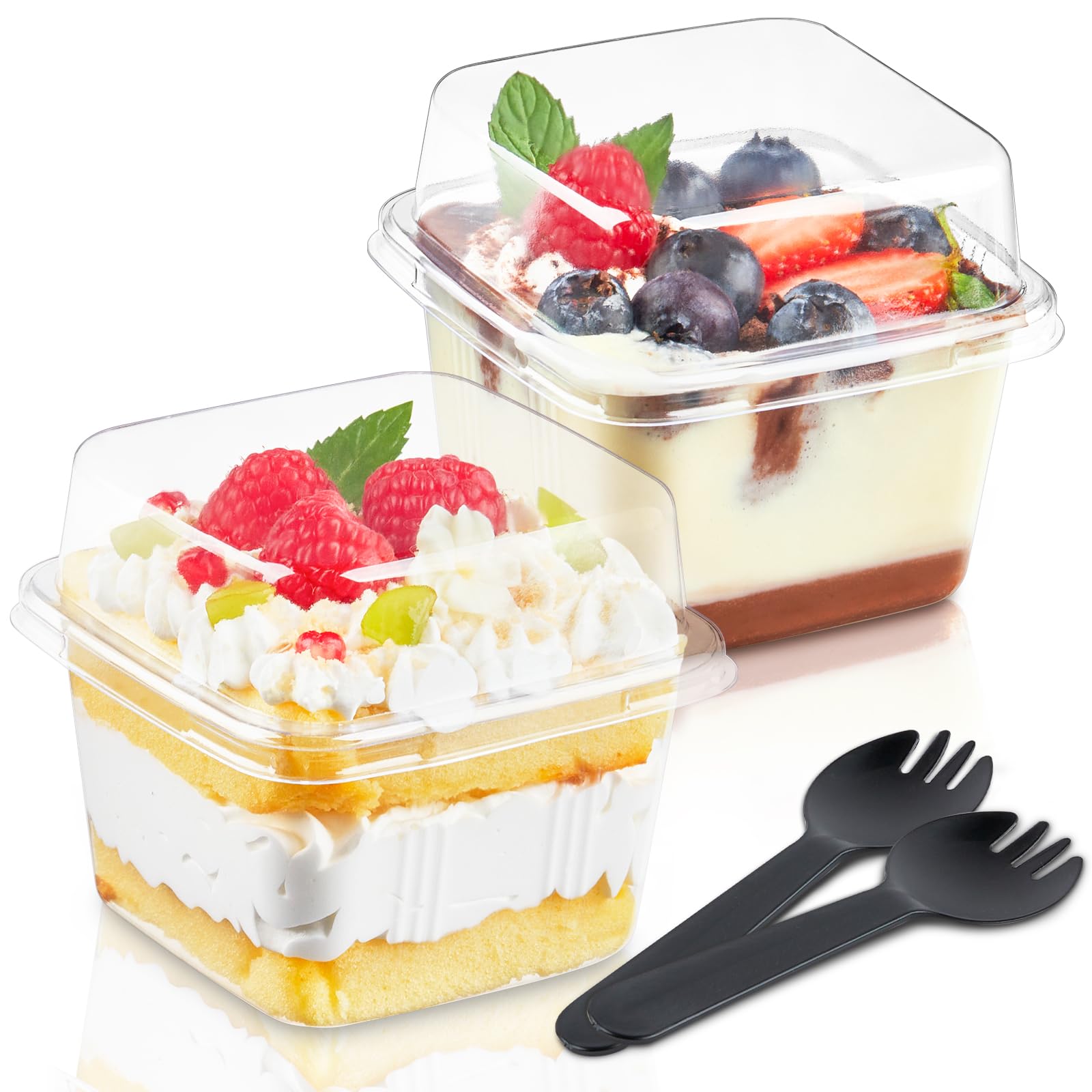 Kucoele 50 Pack 8 Oz Square Plastic Dessert Cups With Lids And Sporks, Clear Cake Cups Parfait Cups To Go Food Containers For Pu