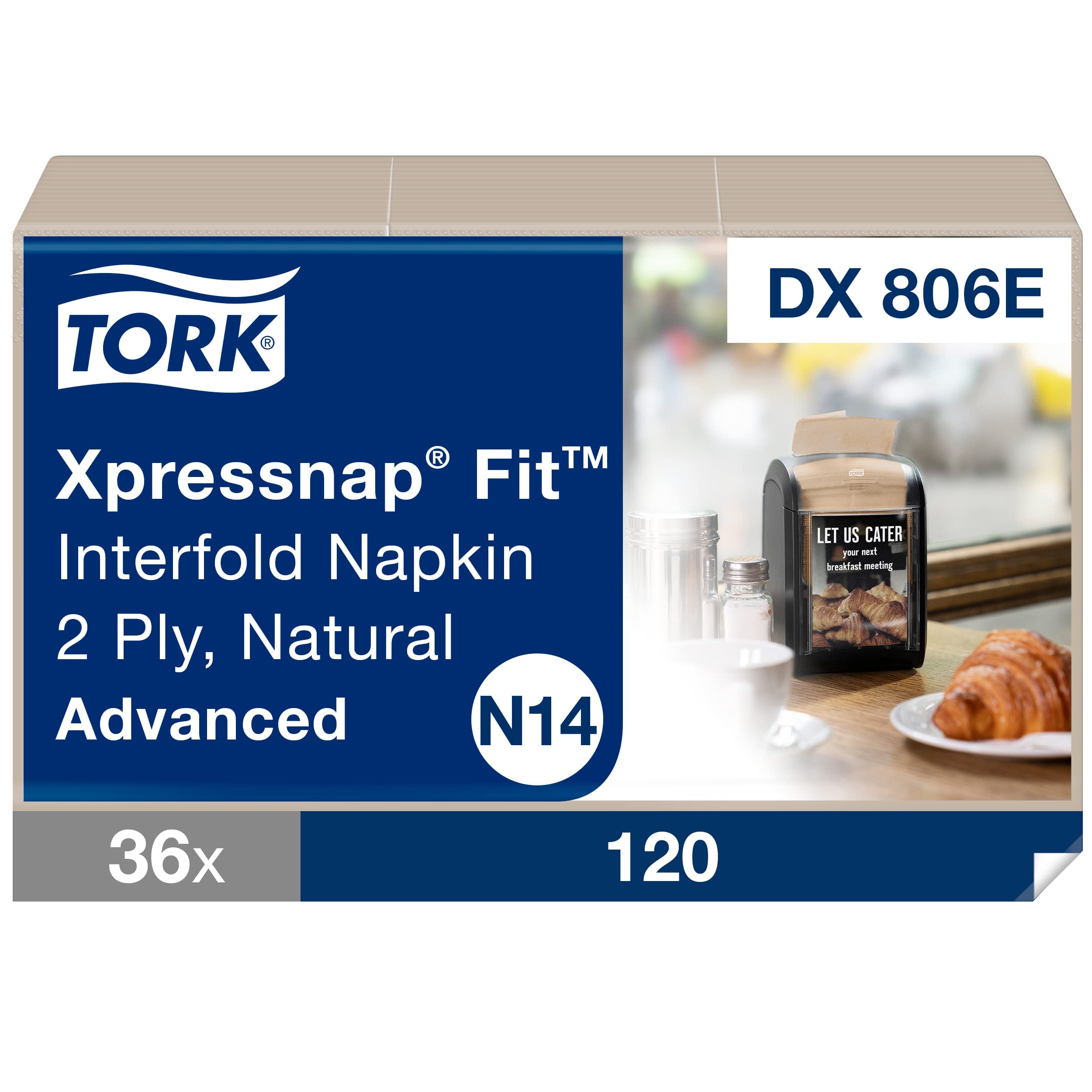Tork Xpressnap Fit Natural Dispenser Napkin N14, Compostable 2-Ply, 36 Packs X 120 Napkins, Dx806E