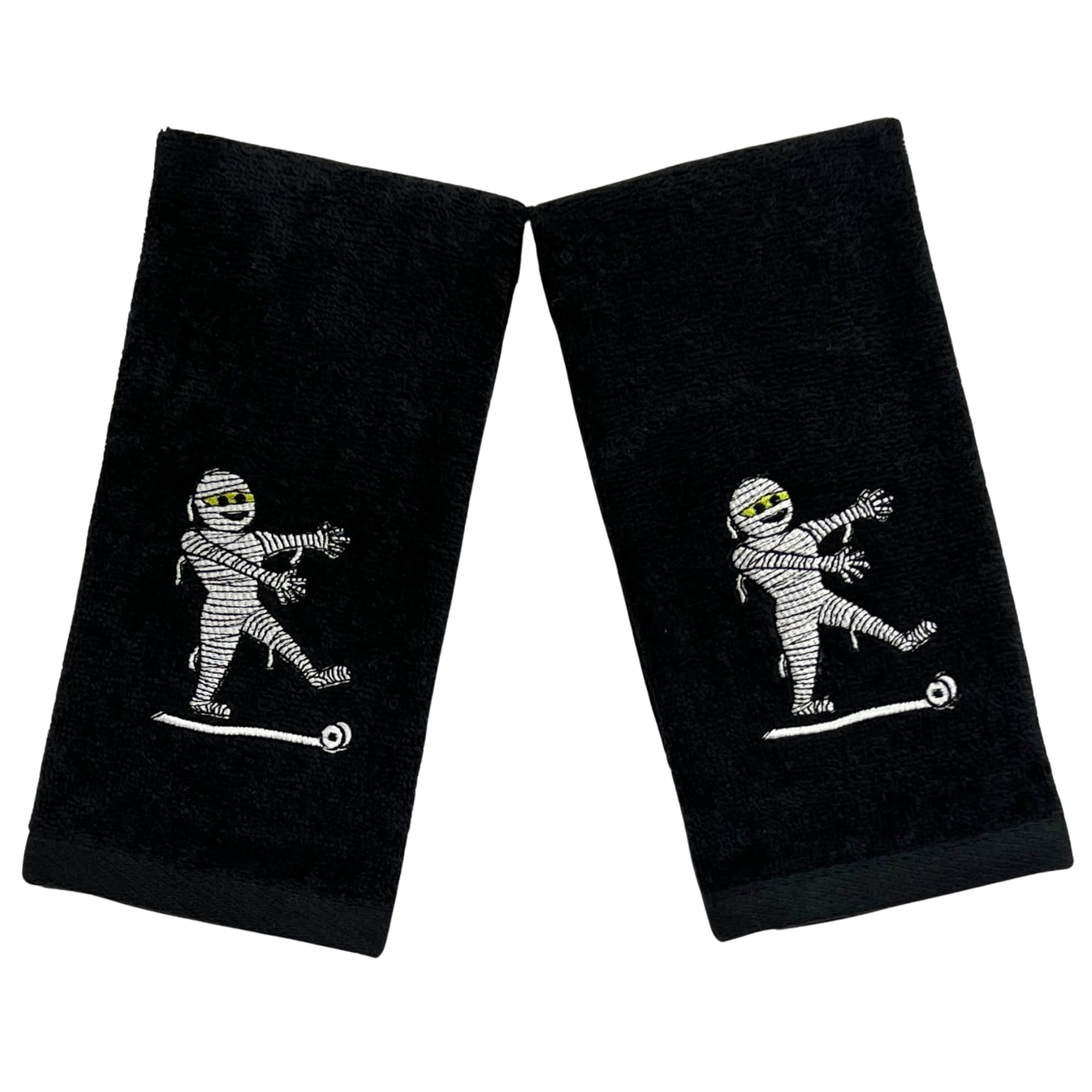 Serafina Home Halloween Fingertip Towels, Embroidered Mummy Design, 2 Pieces, Black Cotton, 12 X 18 Inches,