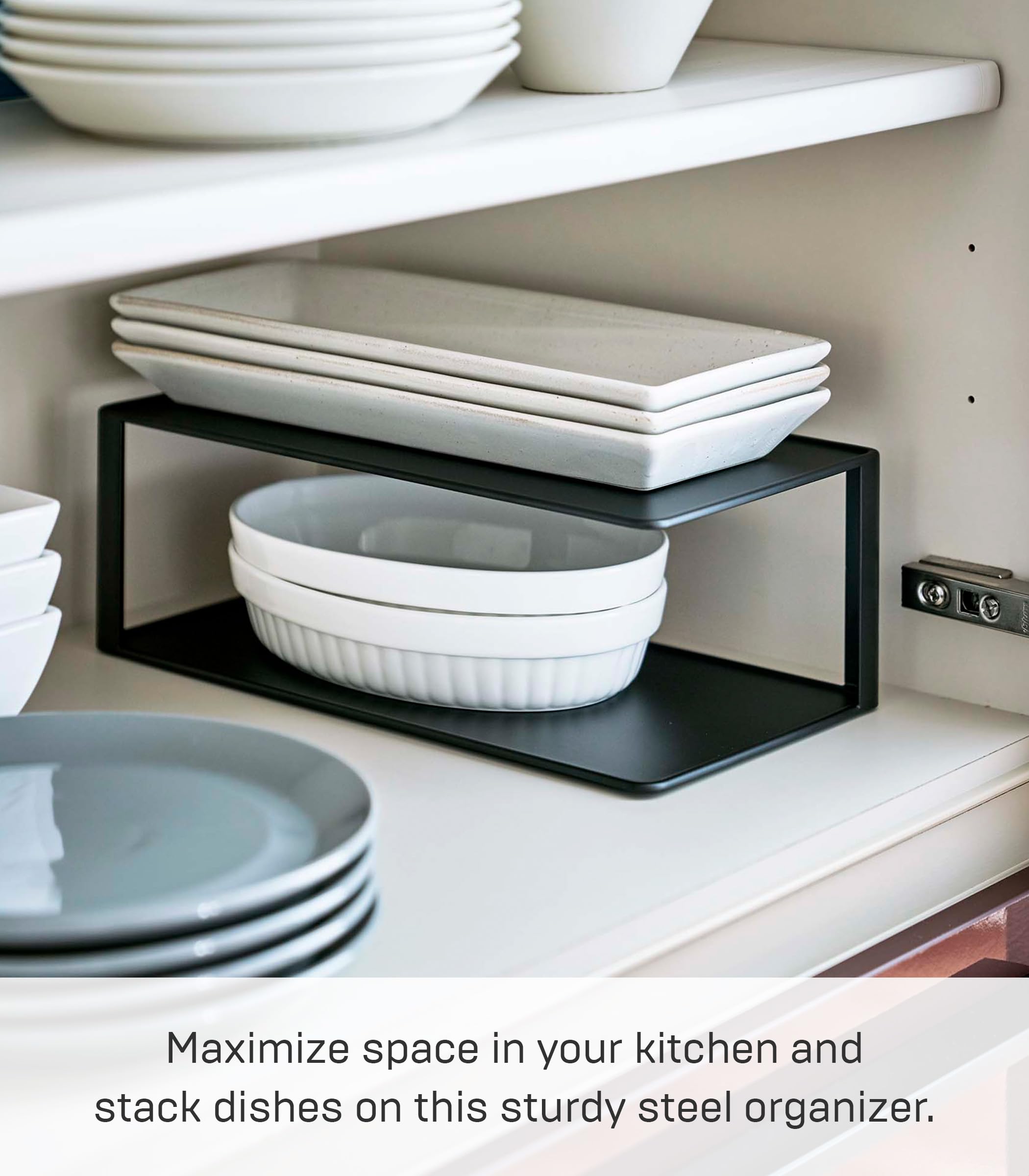 Yamazaki Home Dish Storage Rack With Two Tiers, For Kitchen Countertop Dinnerware Dinner Plate Cabinet Organizer, Long Metal Hol