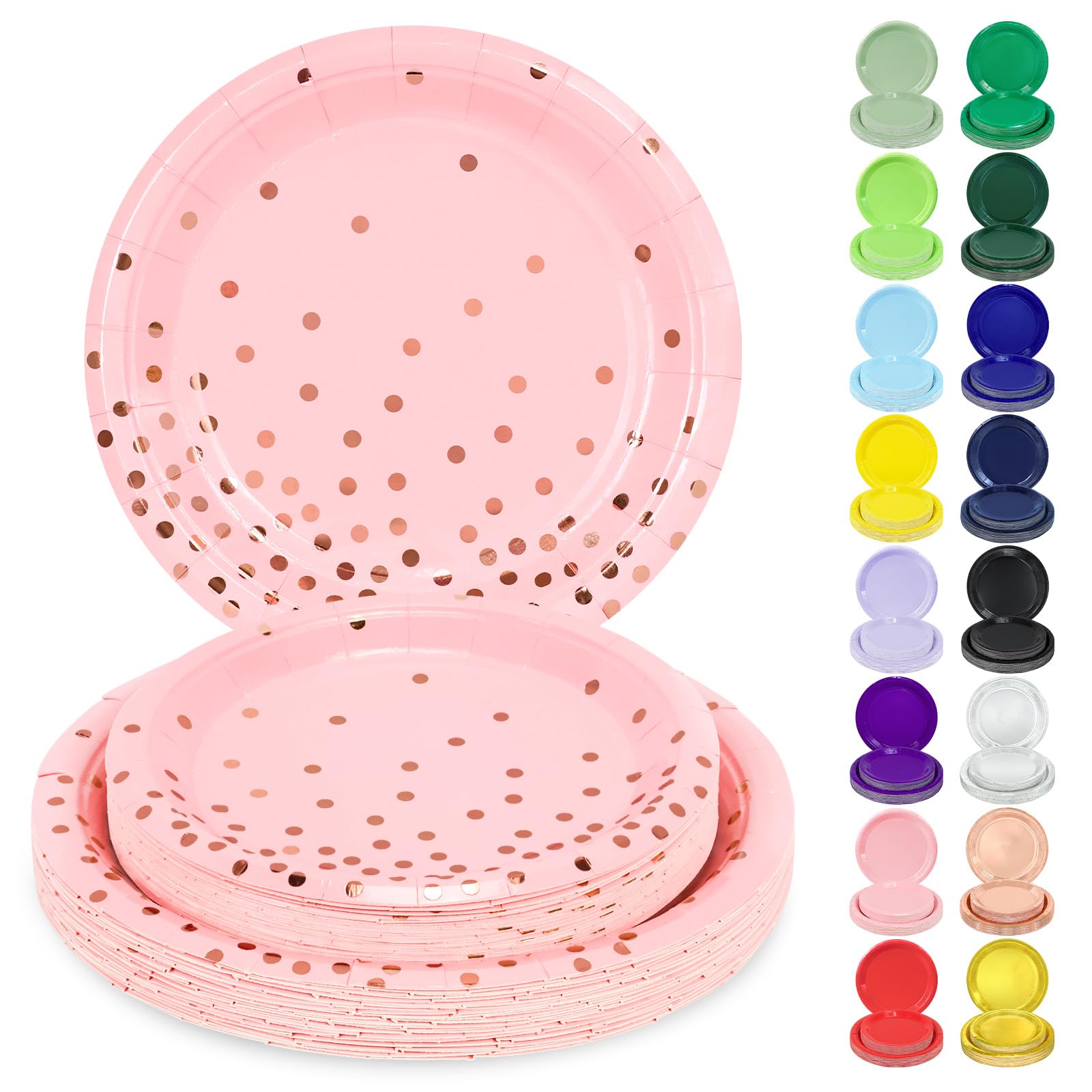 LANLISA 50 Pink and Rose Gold Paper Plates Set Includes 25-9 & 25-7 Disposable Birthday Cake Dessert Plates for Party Supplies
