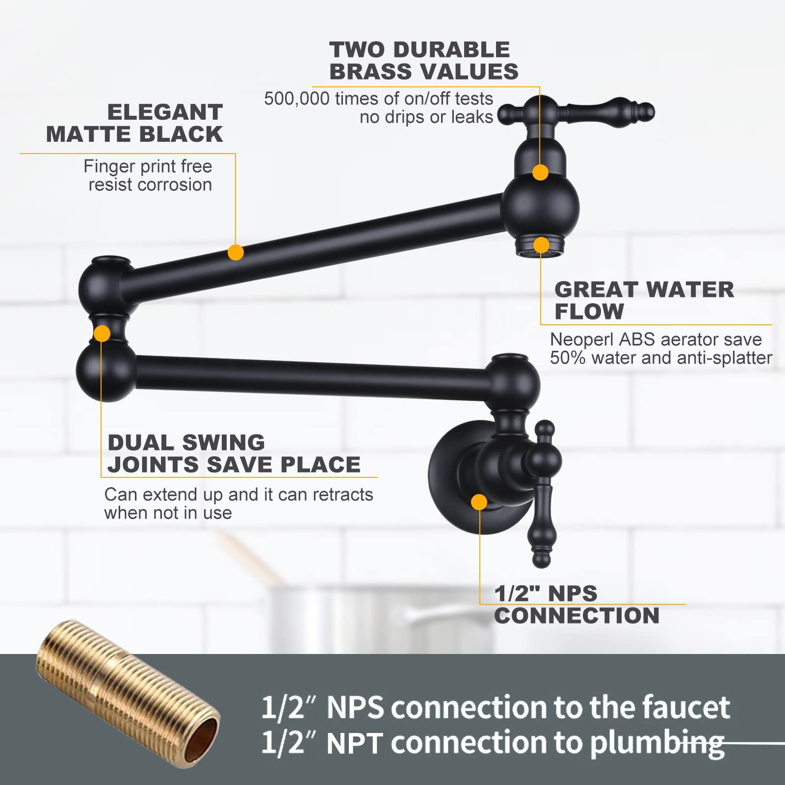 Wowow Pot Filler Wall Mount Copper Faucet Matte Black Pot Filler Faucet Rotatable Faucet Brass Kitchen Faucet 2 Handle Stretchab