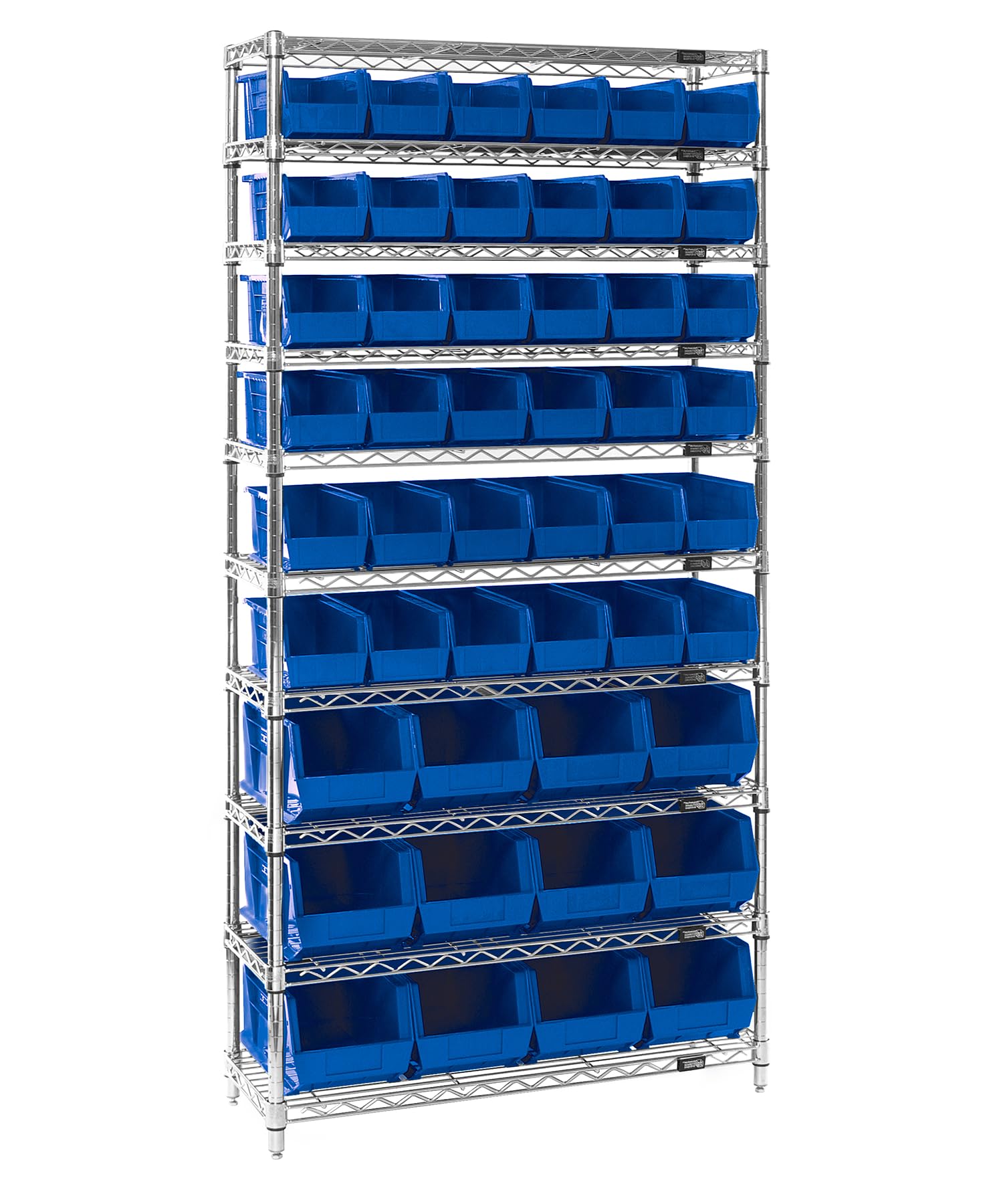 Bin System Unit, Stationary, Includes: (4) 74H Posts, (10) 36W X 14D Wire Shelves, (36) Qus230 And (12) Qus240 Blue Bins, Chrome