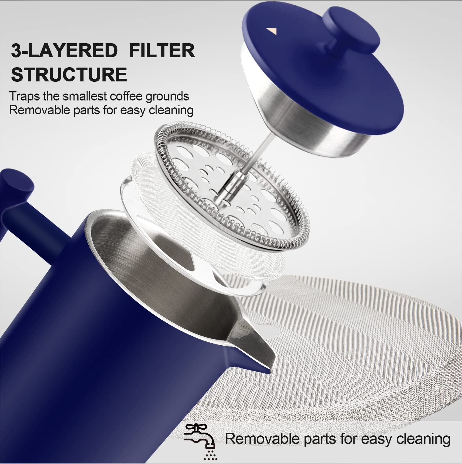 Secura French Press Coffee Maker, Double-Wall 304 Grade Stainless Steel Coffee Press With 2 Extra Screens, 34Oz (1L), Blue