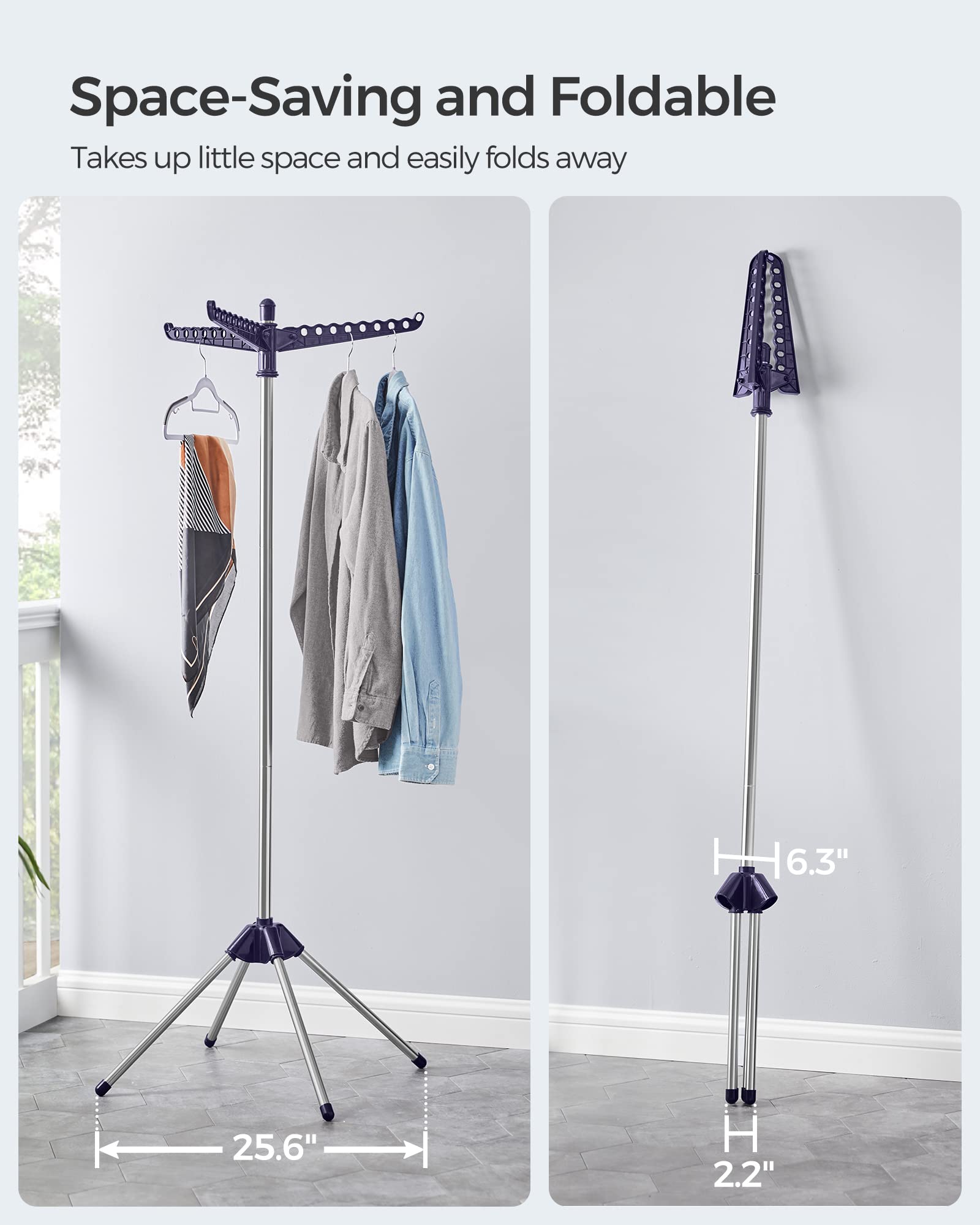 SONGMICS Clothes Drying Rack  59.6 Inches High Folding Laundry Drying Rack with 3 Rotatable Arms for Hangers  4 Legs  Stainless Steel  for 27 Pieces of Clothes  Blue and Silver ULLR510Q01