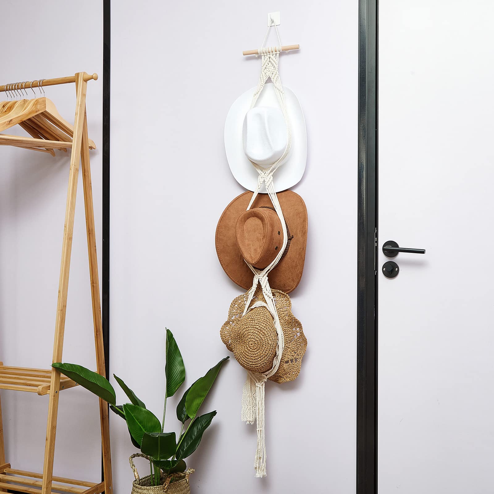 Yulejo Macrame Hat Hangers Boho Hat Rack Cowboy Hat Hanger Back of Door Hat Organizer (White Three Hats Style)