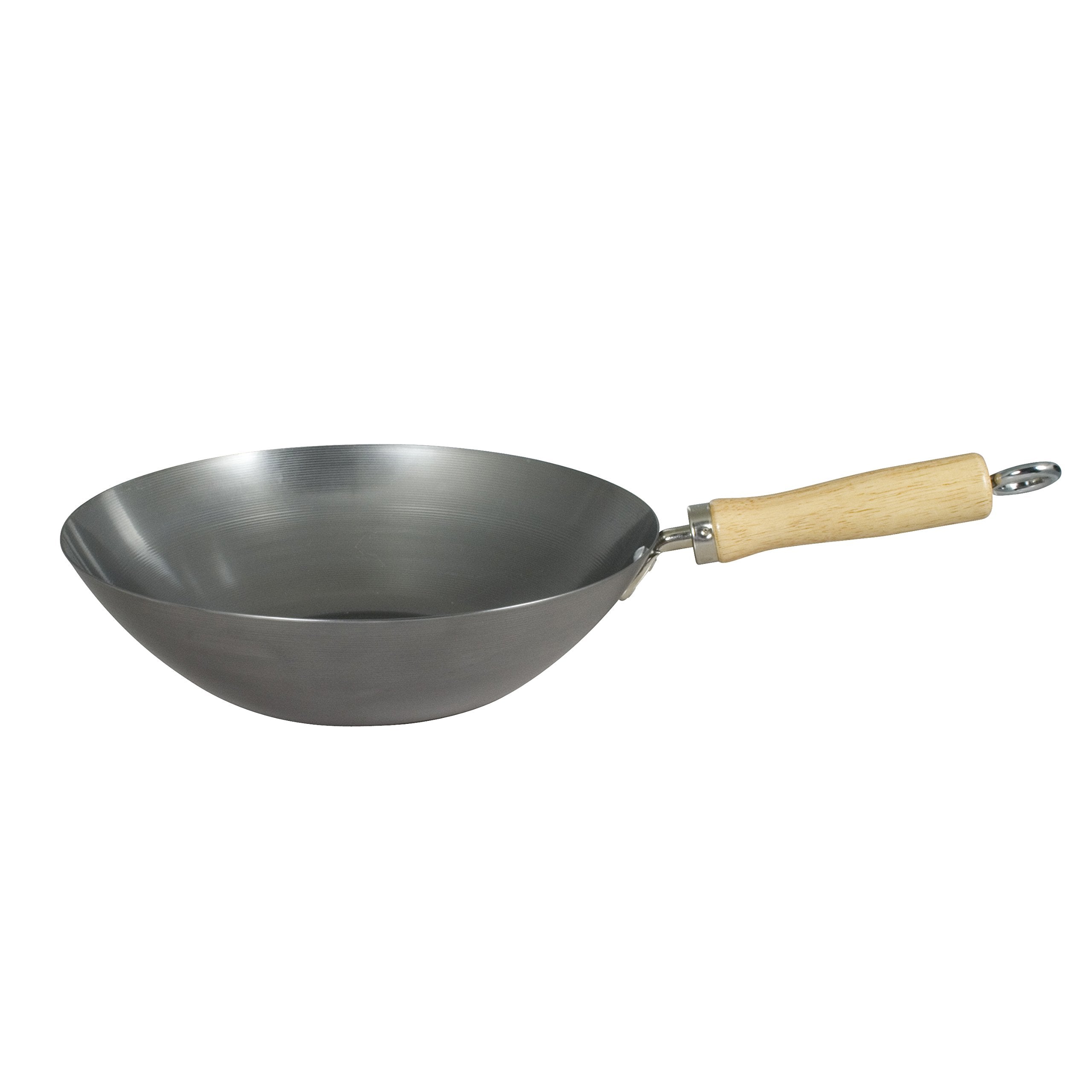 Dexam 12108410 Carbon Steel Wok With Wood Handle 27Cm/10.5 -Inch, Silver (Lacquer Finish)