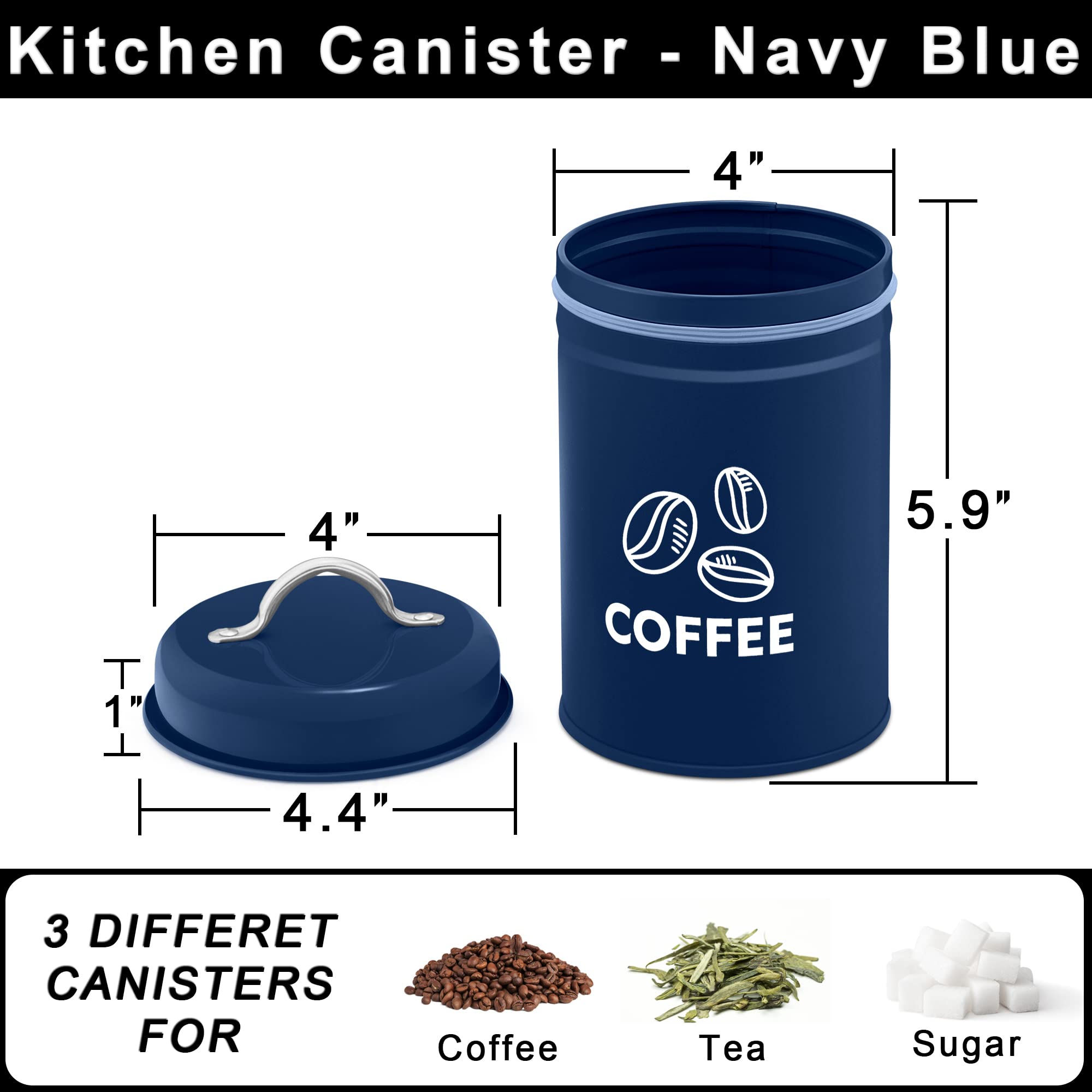 Teamfar Canister Sets For Kitchen Counter, 3 Pcs Kitchen Canisters Set For Coffee Sugar Tea, Navy Blue Metal Farmhouse Decor Sto