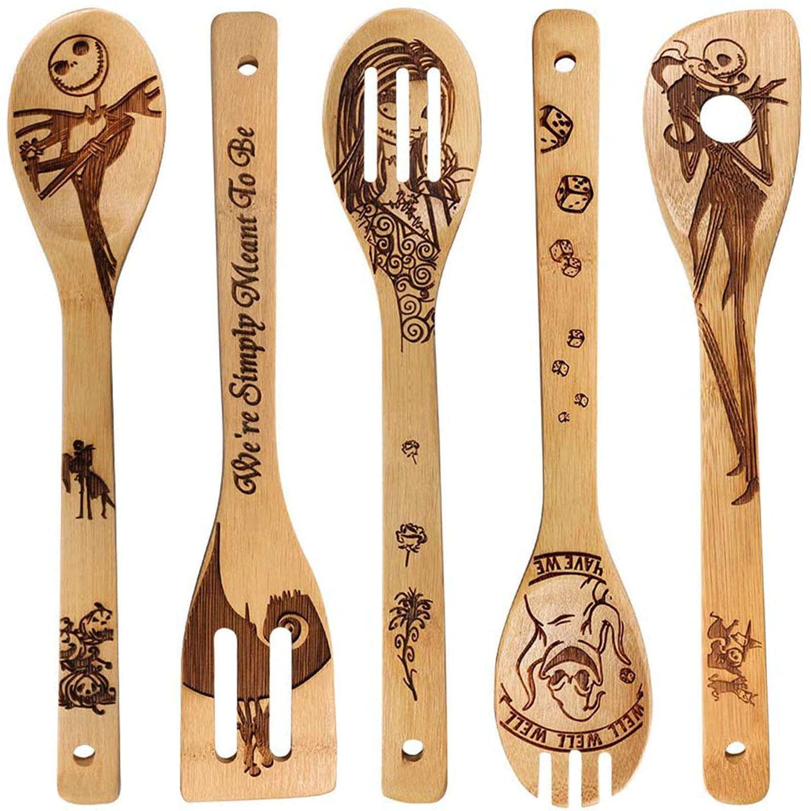 Jack Skellington Wooden Spoons For Cooking Utensils Set - Magic Pattern Burned Wooden Spatulas Kitchen Utensil Set For Kitchen D