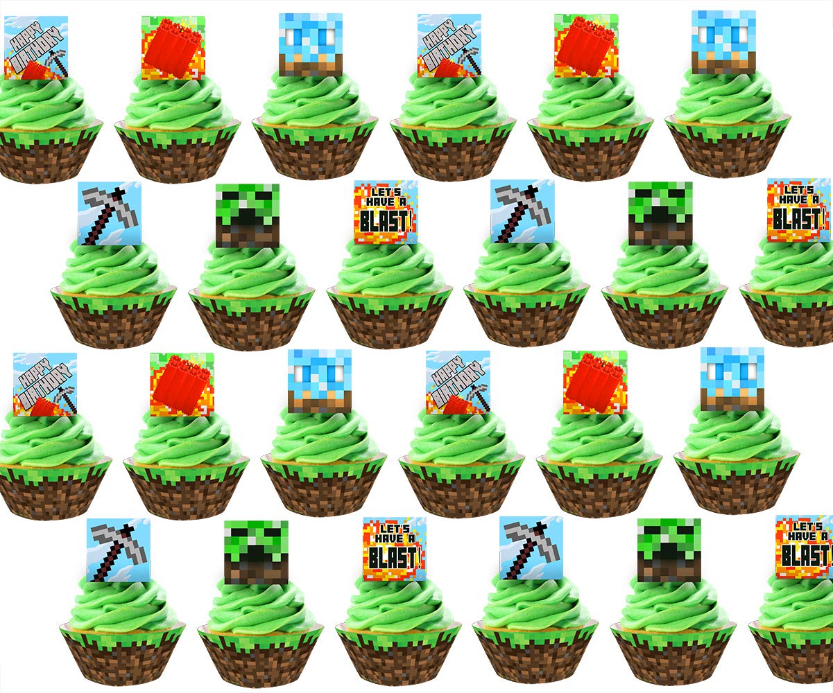 48 Pcs Pixel Cupcake Toppers And Wrappers - 24 Cupcake Toppers And 24 Wrappers - Pixel Party Supplies - Pixel Party Decorations