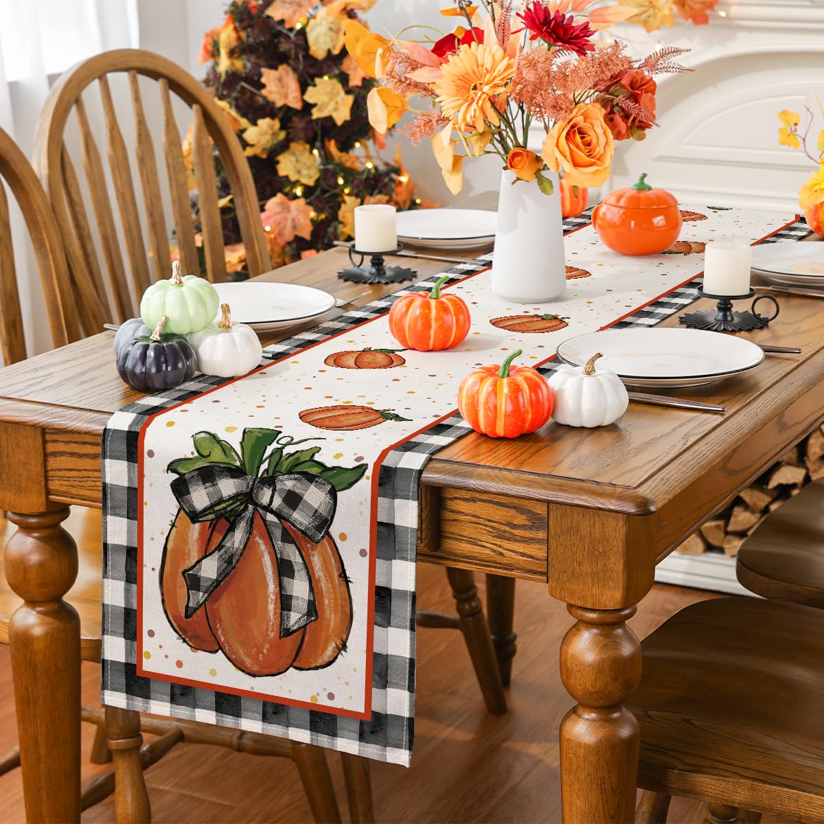 Siilues Fall Table Runner, Fall Decorations For Home Pumpkin Fall Runner For Table Seasonal Buffalo Plaid Fall Thanksgiving Holi