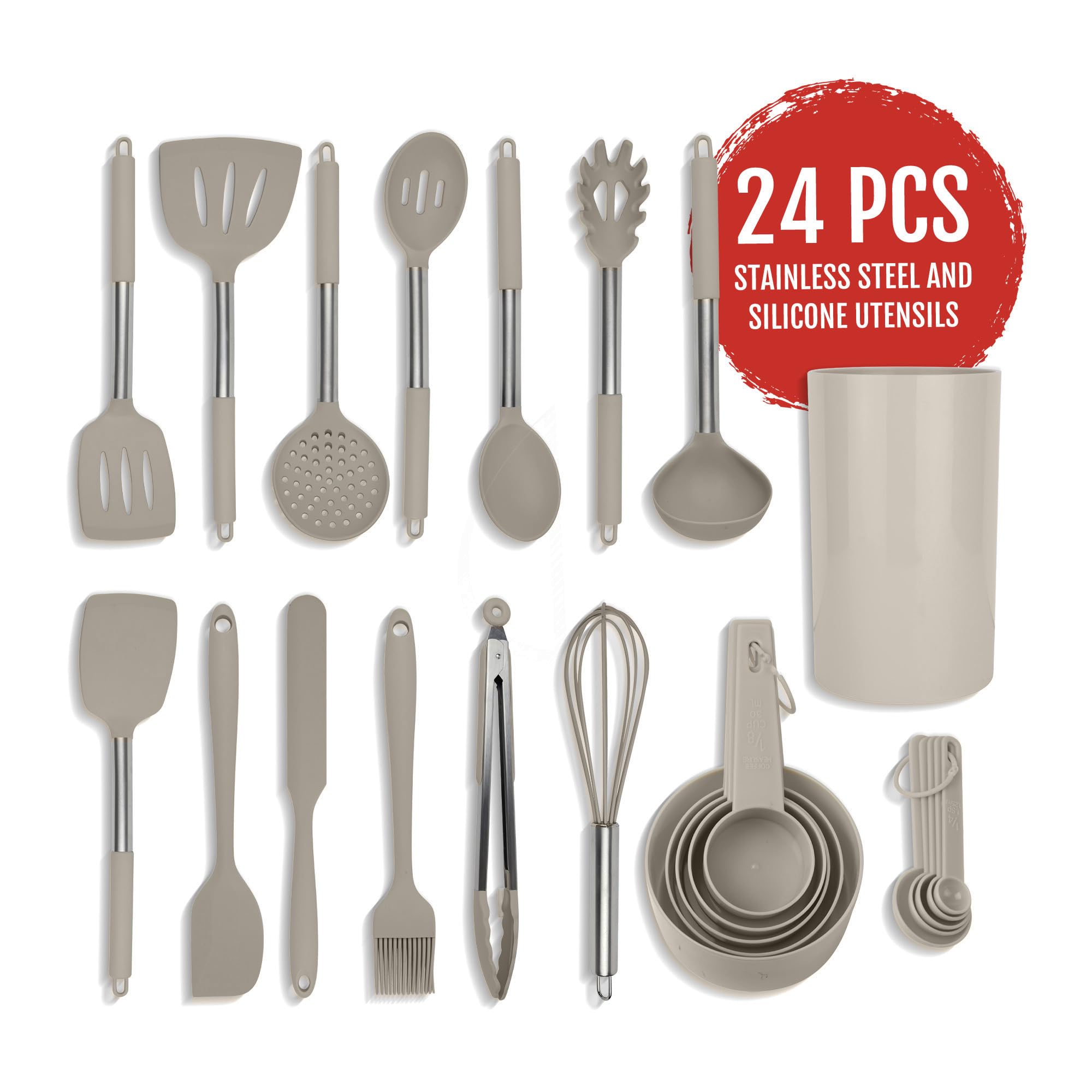 Silicone Kitchen Utensils Set - Culinary Couture 24-Pieces Khaki Silicone Cooking Utensils Set For Nonstick Cookware - Silicone