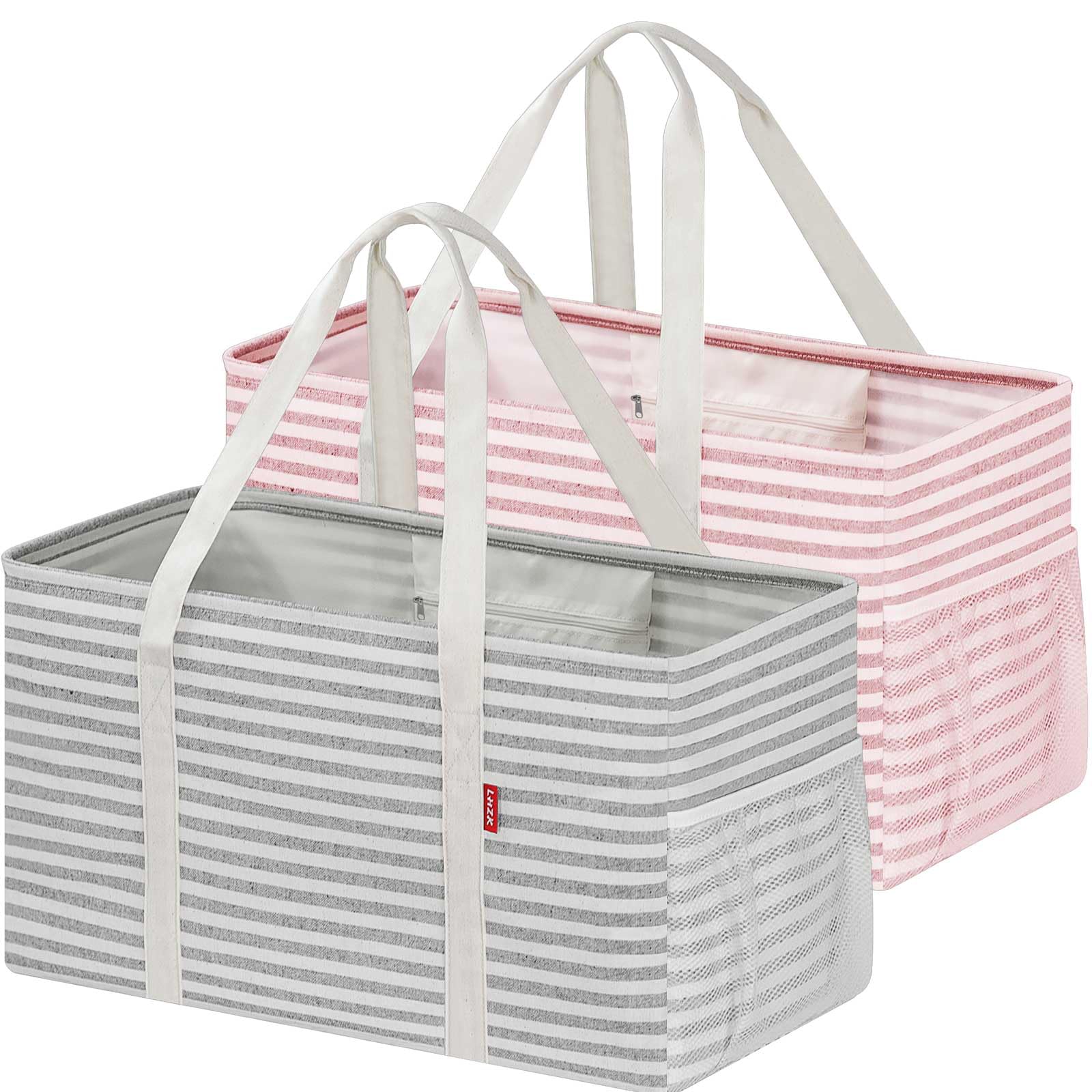 LHZ.K Standing Extra Large Utility Tote Bag 2 Pack, Reusable Grocery Bags with Metal Wire Frame and Hard Bottom Board, Foldable 