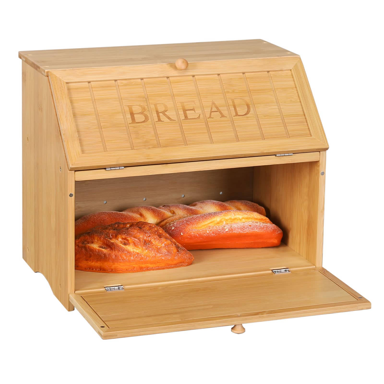 HOMEKOKO Vintage Double Layer Large Bread Box for Kitchen Counter, Retro Design Wooden Large Capacity Bread Storage Bin (Natural