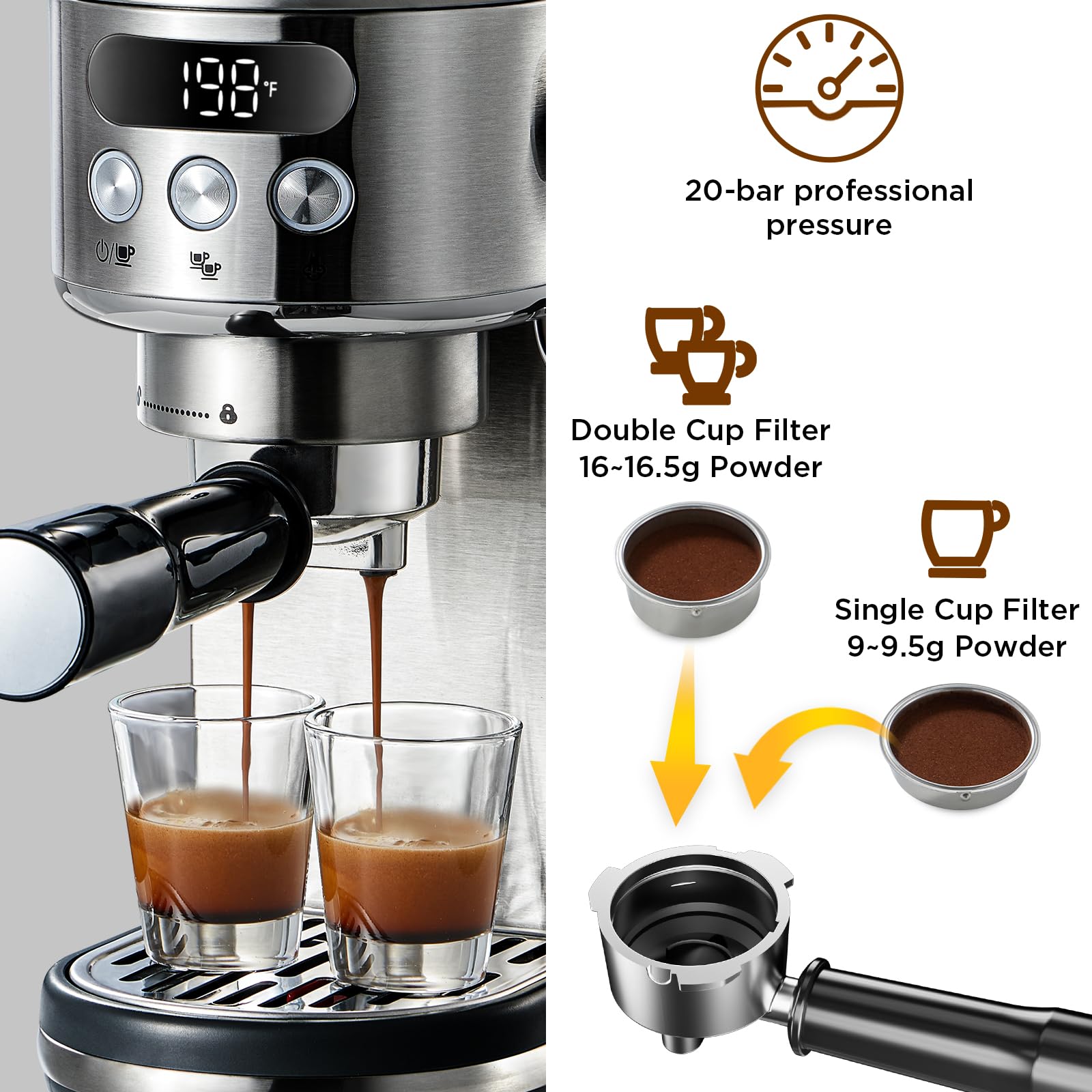 Neretva Espresso Machine 20 Bar, Compact Stainless Steel Coffee Maker with LED Display & Milk Frother, Silver, Model PE3670U